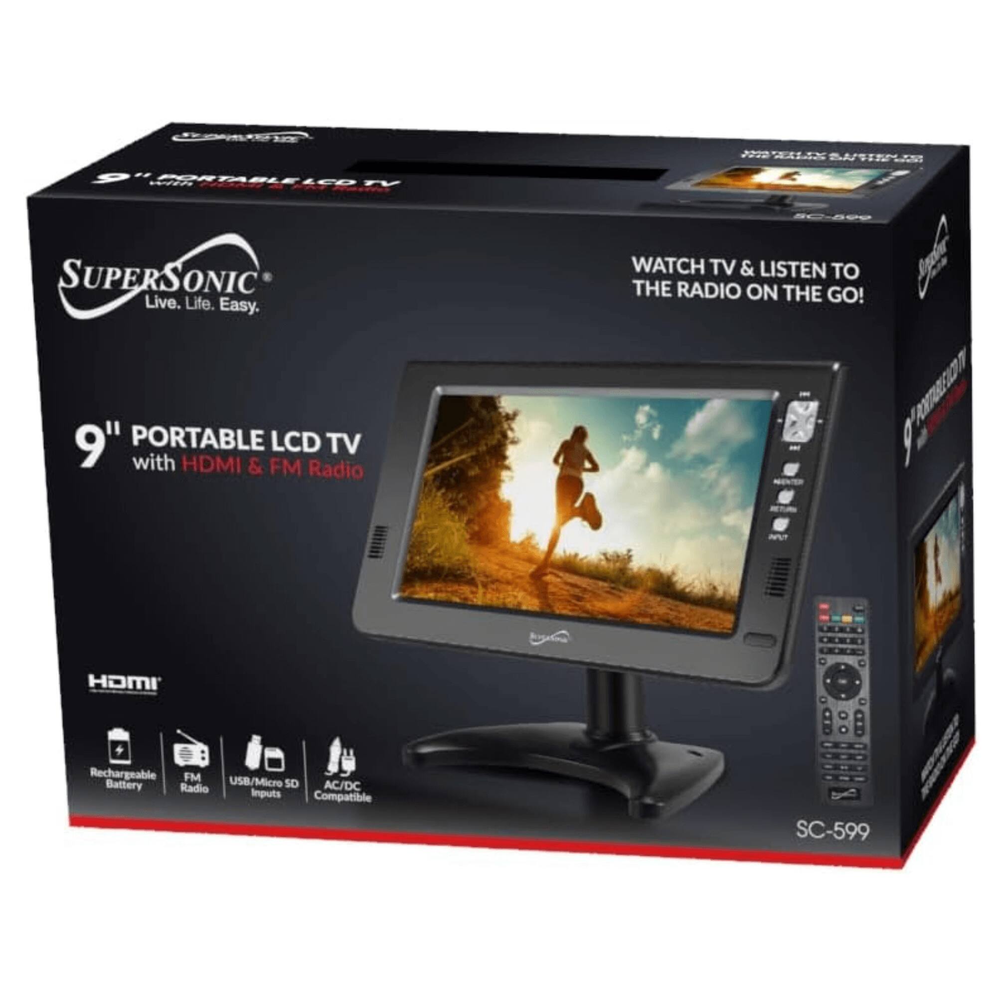 Sure, here is the corrected and grouped text from the image:

---

**SUPERSOONIC**  
Live. Life. Easy.

**9" PORTABLE LCD TV**  
with HDMI & FM Radio

**WATCH TV & LISTEN TO THE RADIO ON THE GO!**

- Rechargeable Battery
- FM Radio
- USB/Micro SD Inputs
- AC/DC Compatible

**SC-599**

---

This text is organized to reflect the product's features and branding as seen on the packaging.