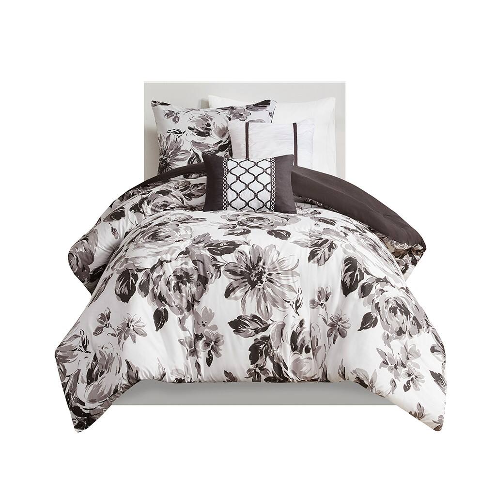 Front. Gracie Mills - Gracie Mills Marshall Floral Print Comforter Set with Antimicrobial Freshness - Black/White.