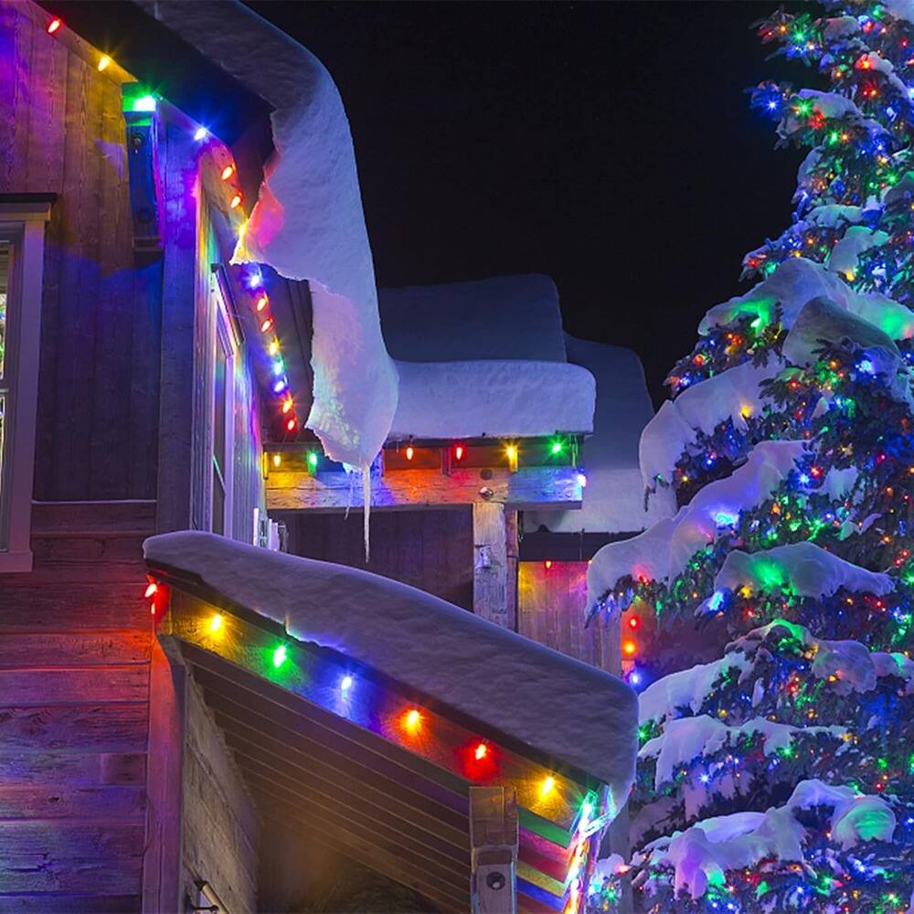 Left. MOSZAR LLC - 33FT C6 Multicolor LED String Lights, 100 Faceted Bulbs, 8 Modes, Waterproof.