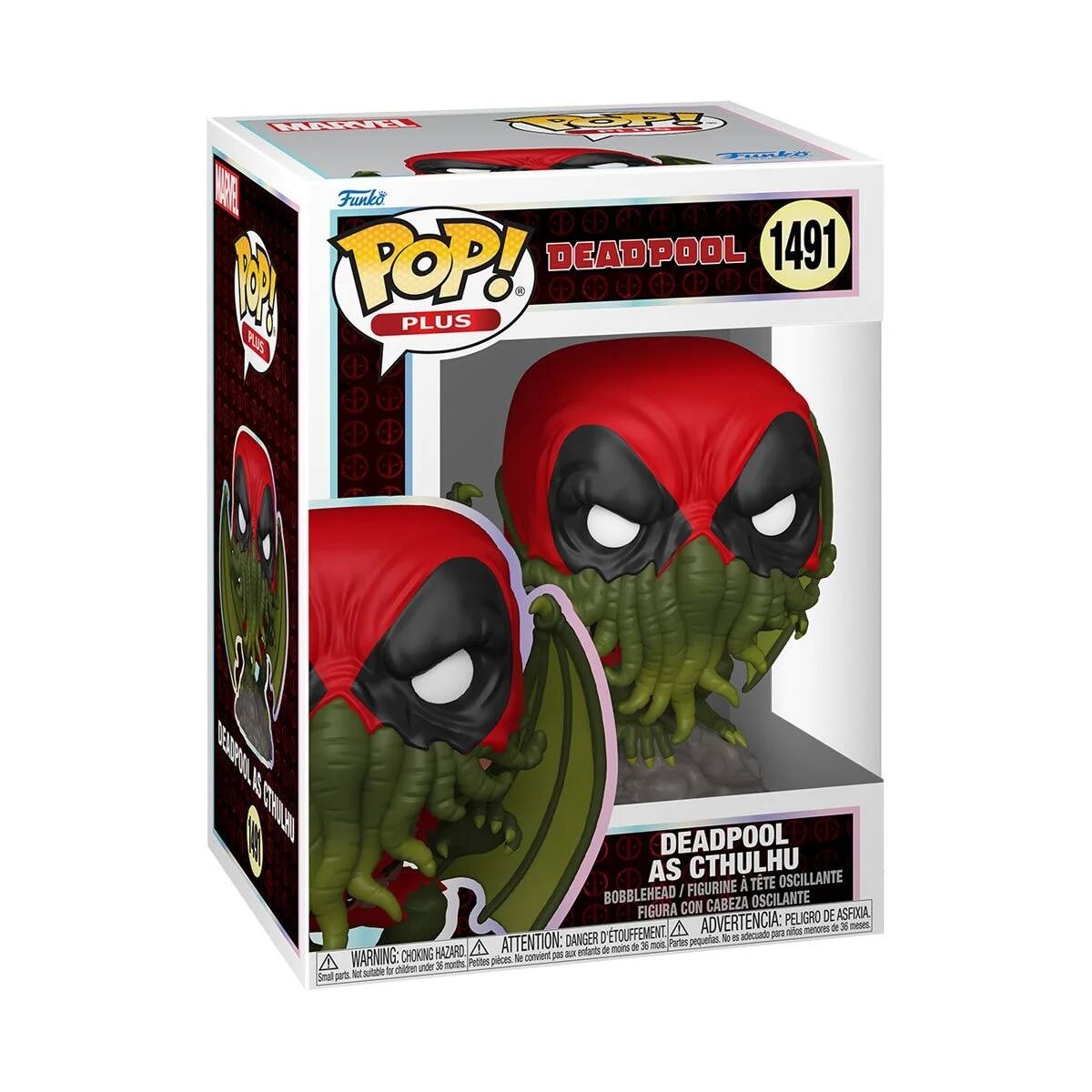 Sure, here is the corrected and grouped text from the image:

---

**Front:**

- **Top Left:** Marvel
- **Top Center:** Funko POP! PLUS
- **Top Right:** 1491
- **Main Image:** Deadpool as Cthulhu
- **Bottom Left:** WARNING: CHOKING HAZARD - Small parts. Not for children under 3 years.
- **Bottom Right:** ATTENTION: DANGER - Petite pièce. Ne convient pas aux enfants de moins de 3 ans.

**Side:**

- **Top:** Deadpool as Cthulhu
- **Bottom:** WARNING: CHOKING HAZARD - Small parts. Not for children under 3 years. ATTENTION: DANGER - Petite pièce. Ne convient pas aux enfants de moins de 3 ans.

**Back:**

- **Top:** Deadpool as Cthulhu
- **Bottom:** WARNING: CHOKING HAZARD - Small parts. Not for children under 3 years. ATTENTION: DANGER - Petite pièce. Ne convient pas aux enfants de moins de 3 ans.

---

This text is organized based on the visible sections of the packaging.