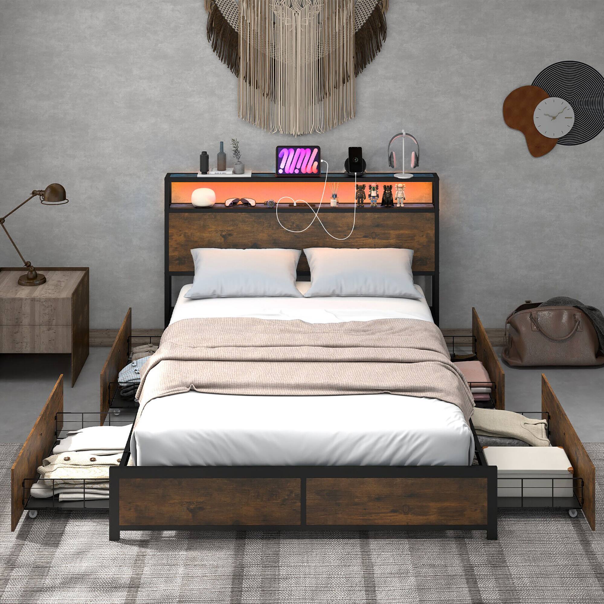 Alt View 3. Gymax - Gymax Full Industrial Platform Bed Frame with Storage Drawers & LED Lights Headboard - Rustic Brown.