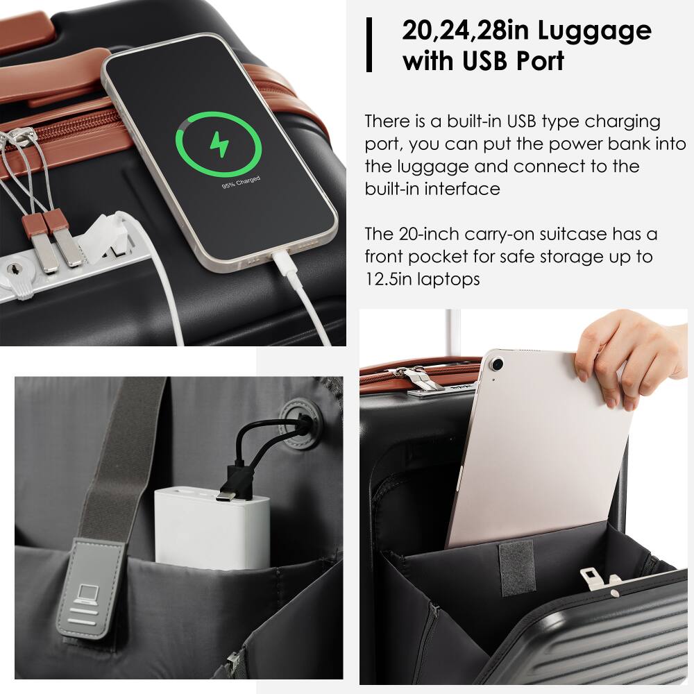 20, 24, 28in Luggage with USB Port

There is a built-in USB type charging port, you can put the power bank into the luggage and connect to the built-in interface.

The 20-inch carry-on suitcase has a front pocket for safe storage up to 12.5in laptops.