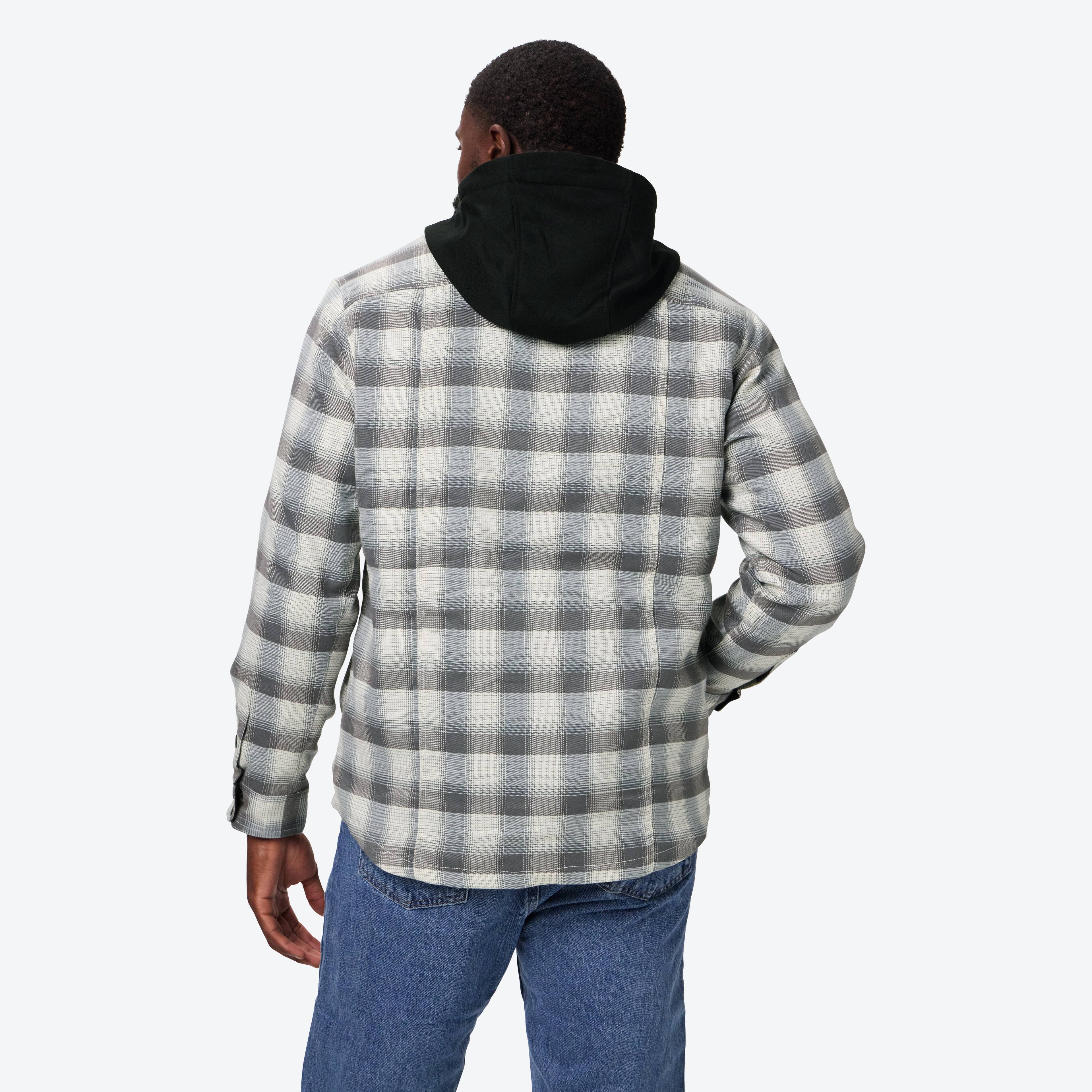 Back. Mobile Warming - Men's Flannel Heated Hoodie Jacket - Cream/Grey.