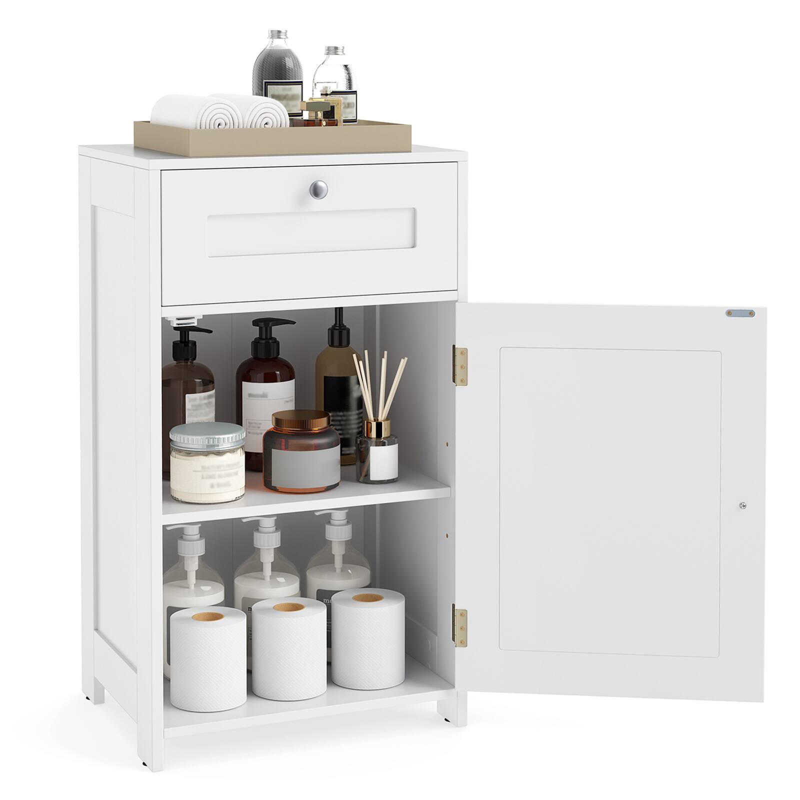 Alt View 9. Costway - Costway Floor Storage Cabinet Bathroom Organizer Cupboard Drawer Shelf Bath Towel White - White.