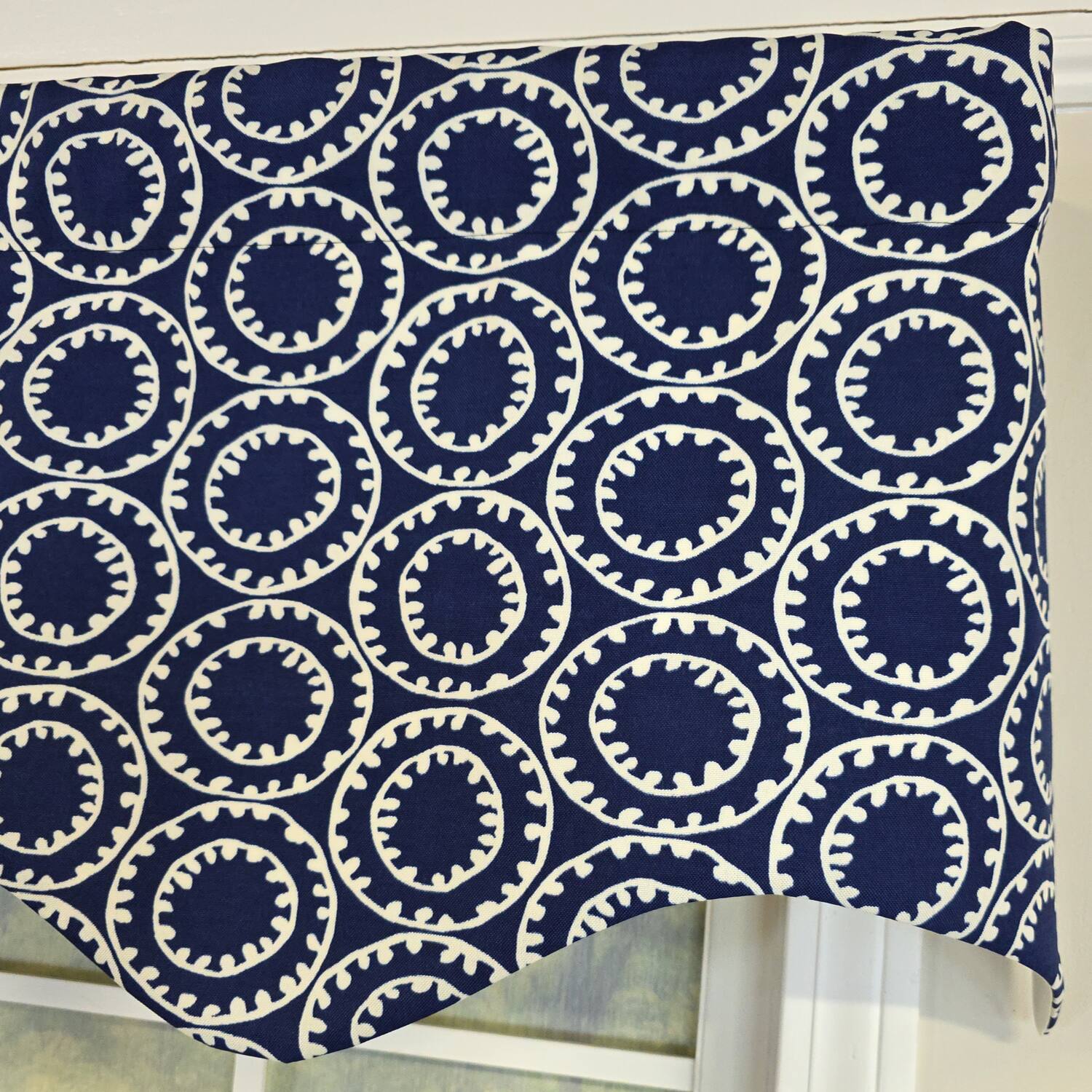 Left. RLF Home - RLF Home 100% Cotton Orbit Regal  Fully lined Windows Rod Pocket Valance 50" x 17"  Navy - Navy.
