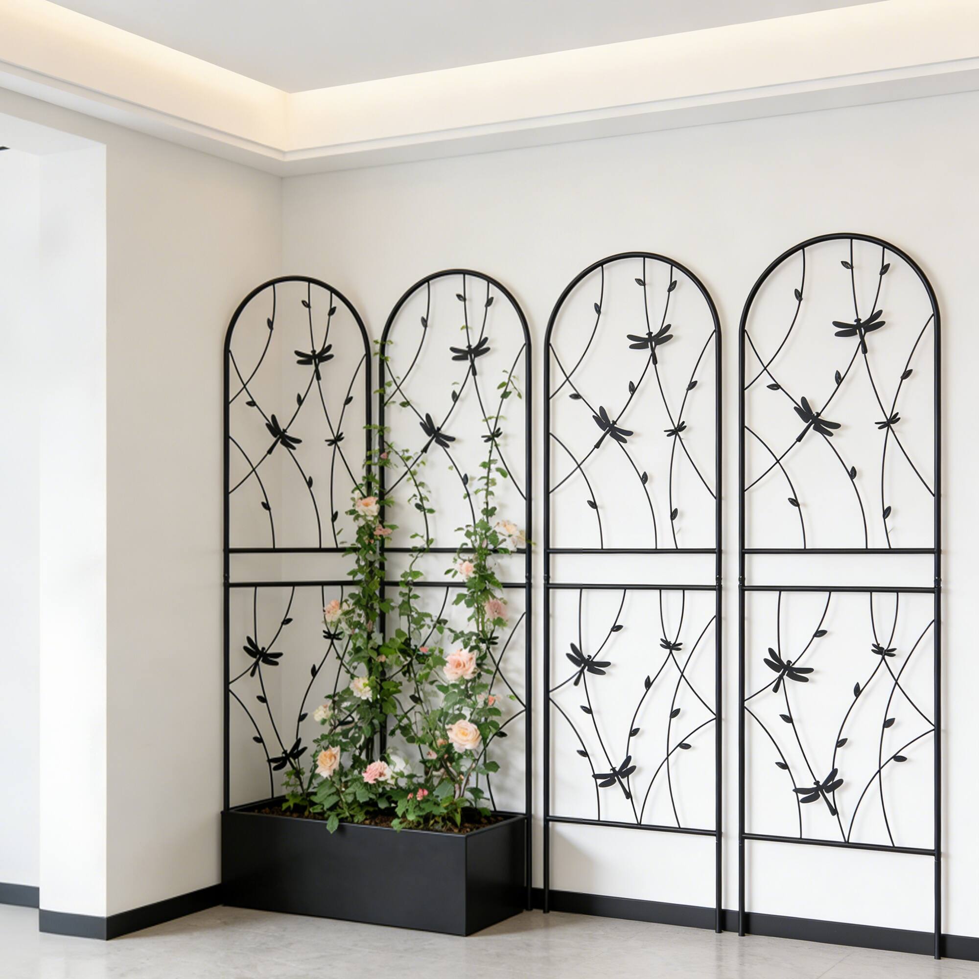 Front. Loheer - Rustproof Metal Garden Trellis 4 Pack, 5.92 ft x 1.64 ft Climbing Plant Support for Outdoor Garden - Black.