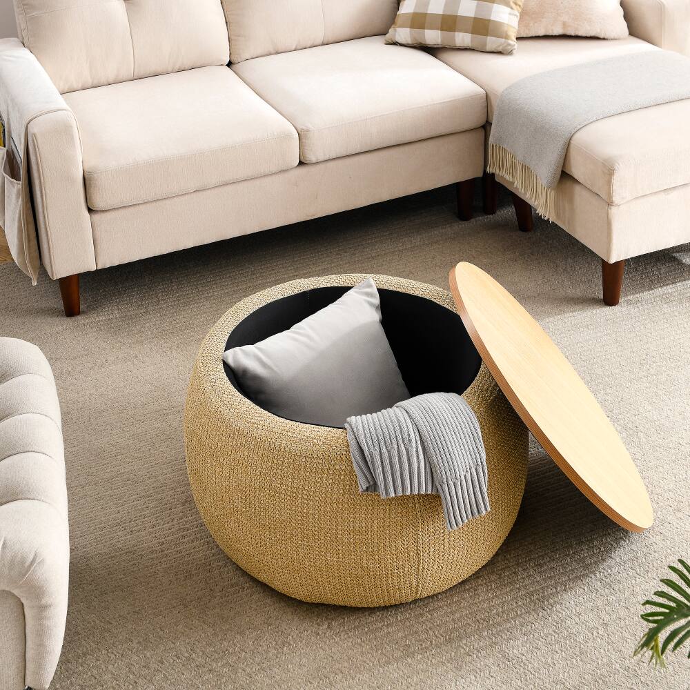 Back. PDTEND - Natural Round Storage Ottoman for Bedroom Living Room - Natural.