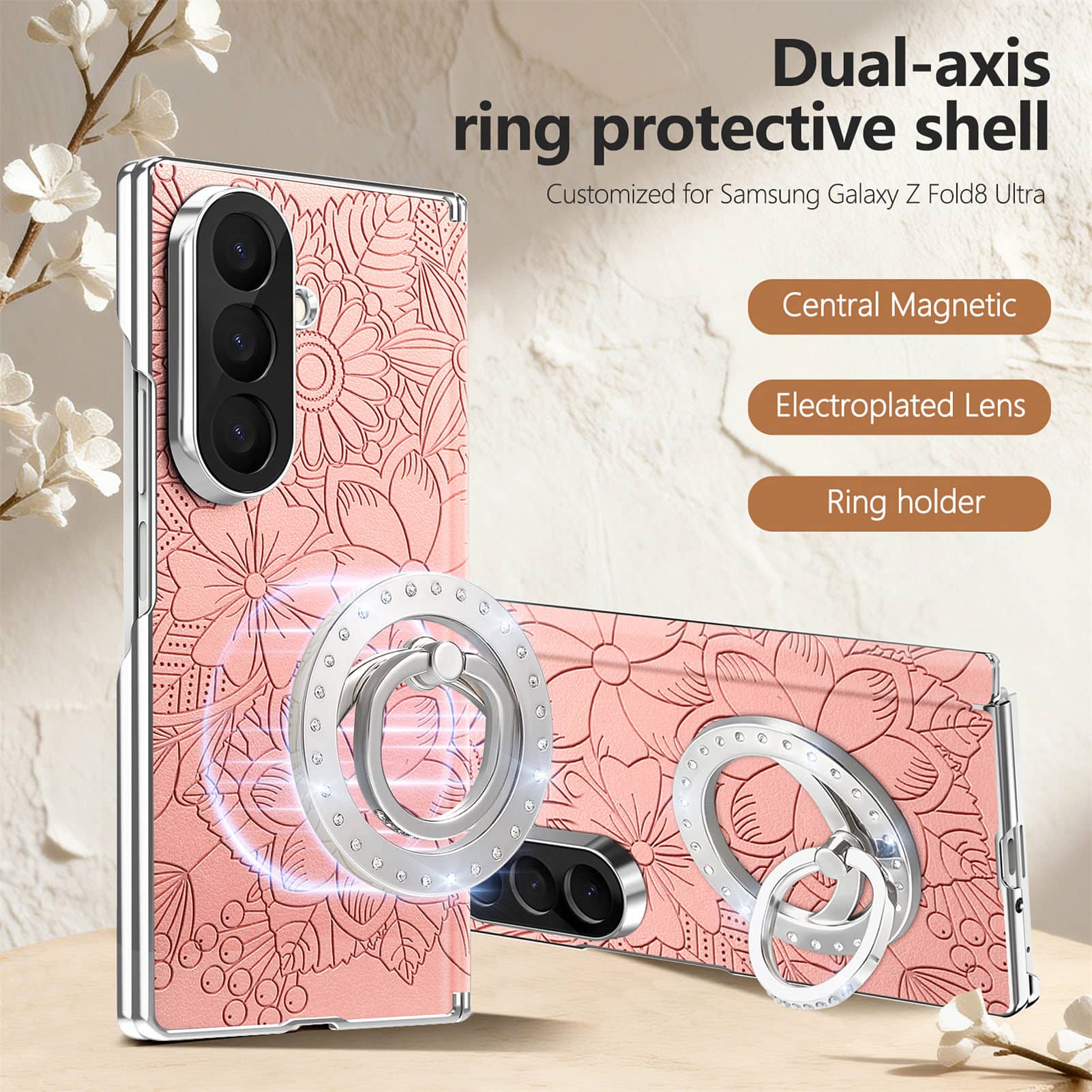 Dteck - Shockproof Leather Texture Case for Samsung Galaxy Z Fold8 Ultra with Ring Stand, Magnetic Rigid Plastic Hinge Cover - Pink price history on PriceWatchPro