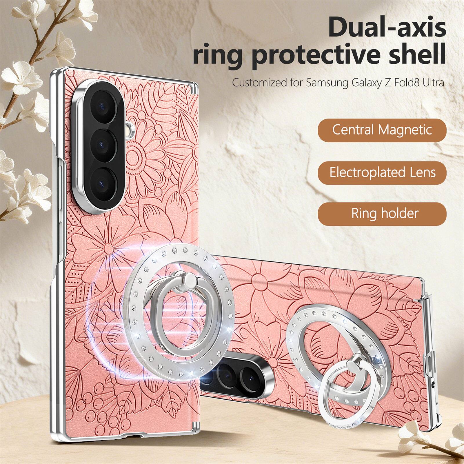 Dteck - Shockproof Leather Texture Case for Samsung Galaxy Z Fold8 Ultra with Ring Stand, Magnetic Rigid Plastic Hinge Cover - Pink