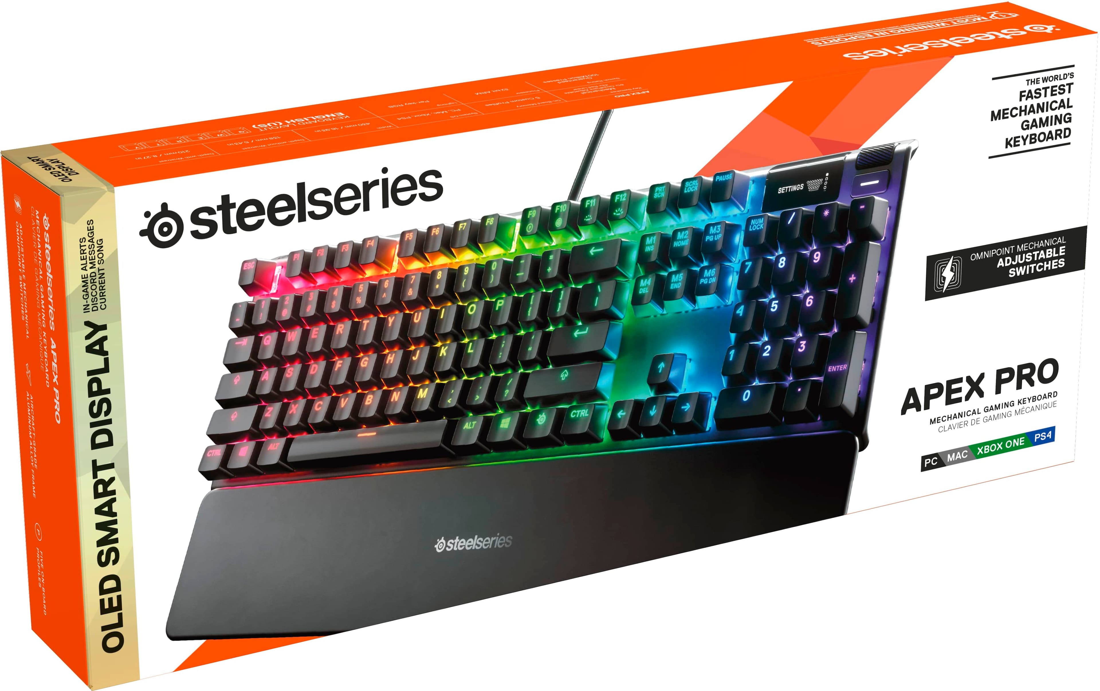 The text on the image reads: "steelseries | OLED display | smart | fastest mechanical gaming keyboard | APE PRO".