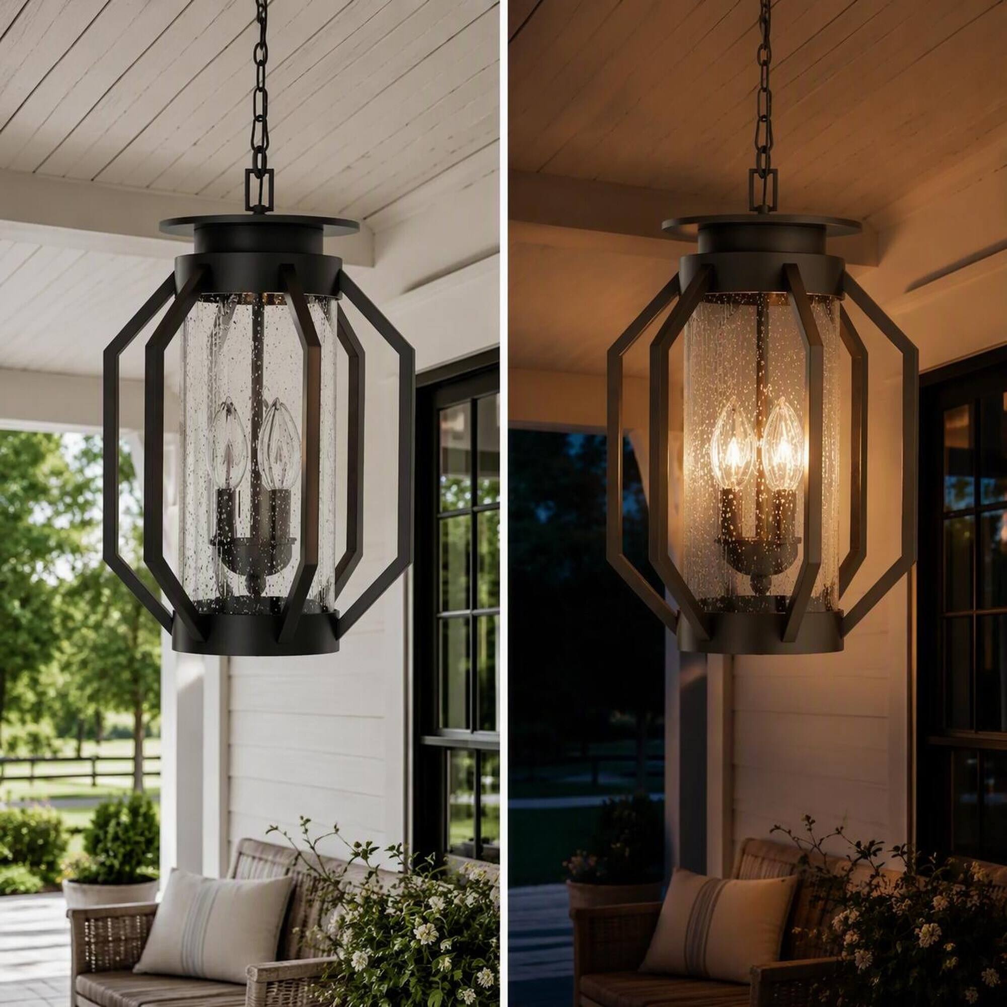 Back. RYHNUYNE - 3-Light 18 In Oil Rubbed Bronze Outdoor Hanging Lantern, Iron Geometric Frame Seeded Glass Industrial Style - Black.