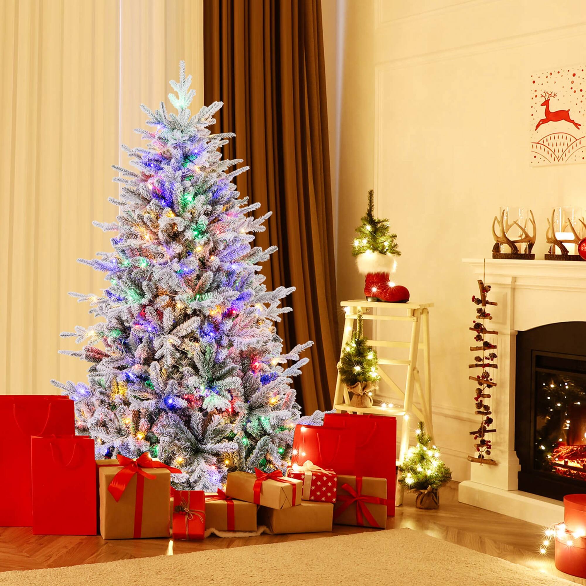 Alt View 11. Costway - 6 FT Flocked Christmas Tree with 8 Lighting Modes 260 Multi-Color LED Lights - Green/White.