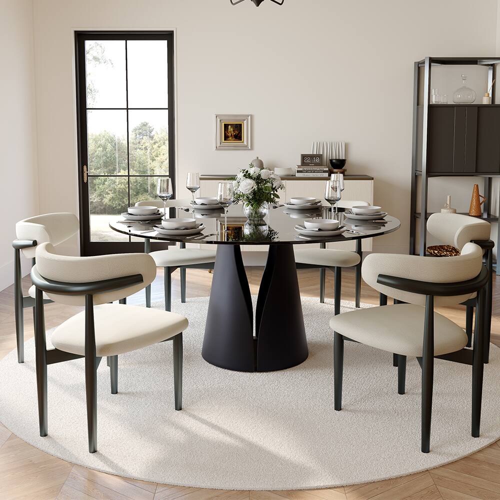 Angle. POVISON - 59" Modern Black Round Dining Table For 6, Tempered Glass Tabletop,Carbon Steel Base - Gray Glass & Black Steel Base.