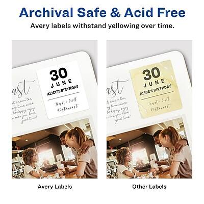Archival Safe & Acid Free  
Avery labels withstand yellowing over time.

30 JUNE  
ALICE'S BIRTHDAY  
Tinile Gill  
mg hppt 7 demit ls love

30 JUNE  
ALICE'S BIRTHDAY  
Tinile Gill  
4 Tinoti 7 le beppy boce, rstenast

Avery Labels  
Other Labels