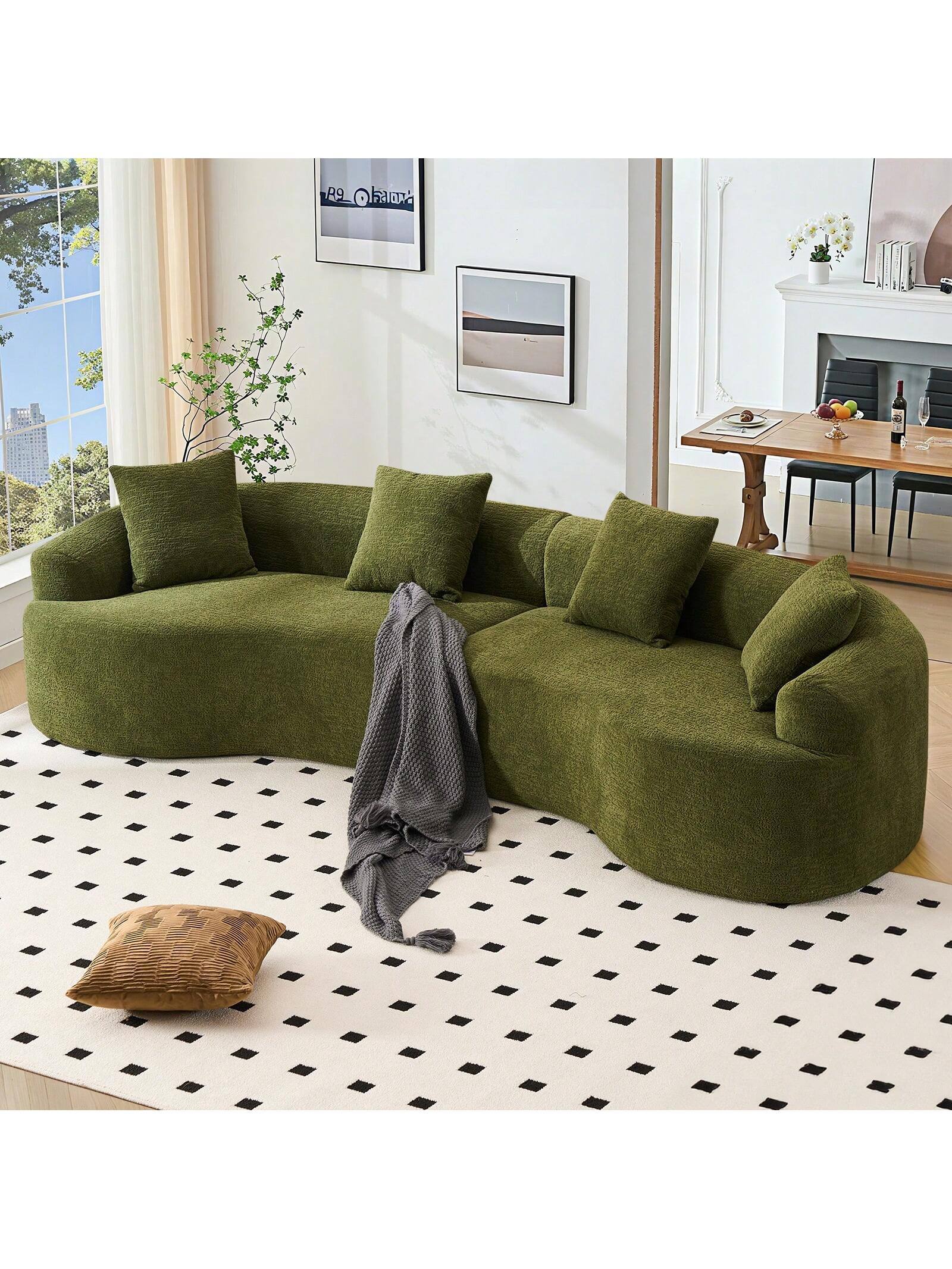 Trinkets Crazed - 110" Curved Sectional Sofa For Living Room,Deep Seat Cloud Floor Couch With 4 Pillows,Chenille Upholstered Couch - Green