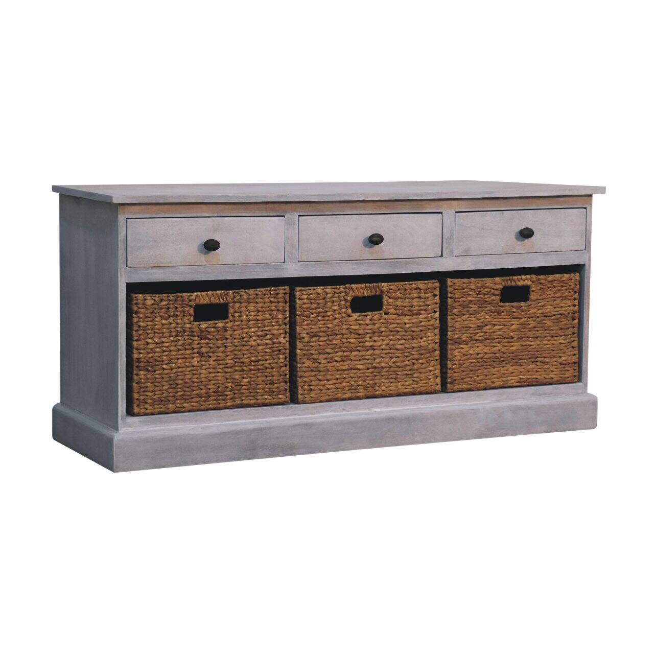 Back. Artisan Furniture - Artisan Furniture Solid Wood Acid Wash Basket Storage Cabinet, 3 Drawers - Brown and Grey.
