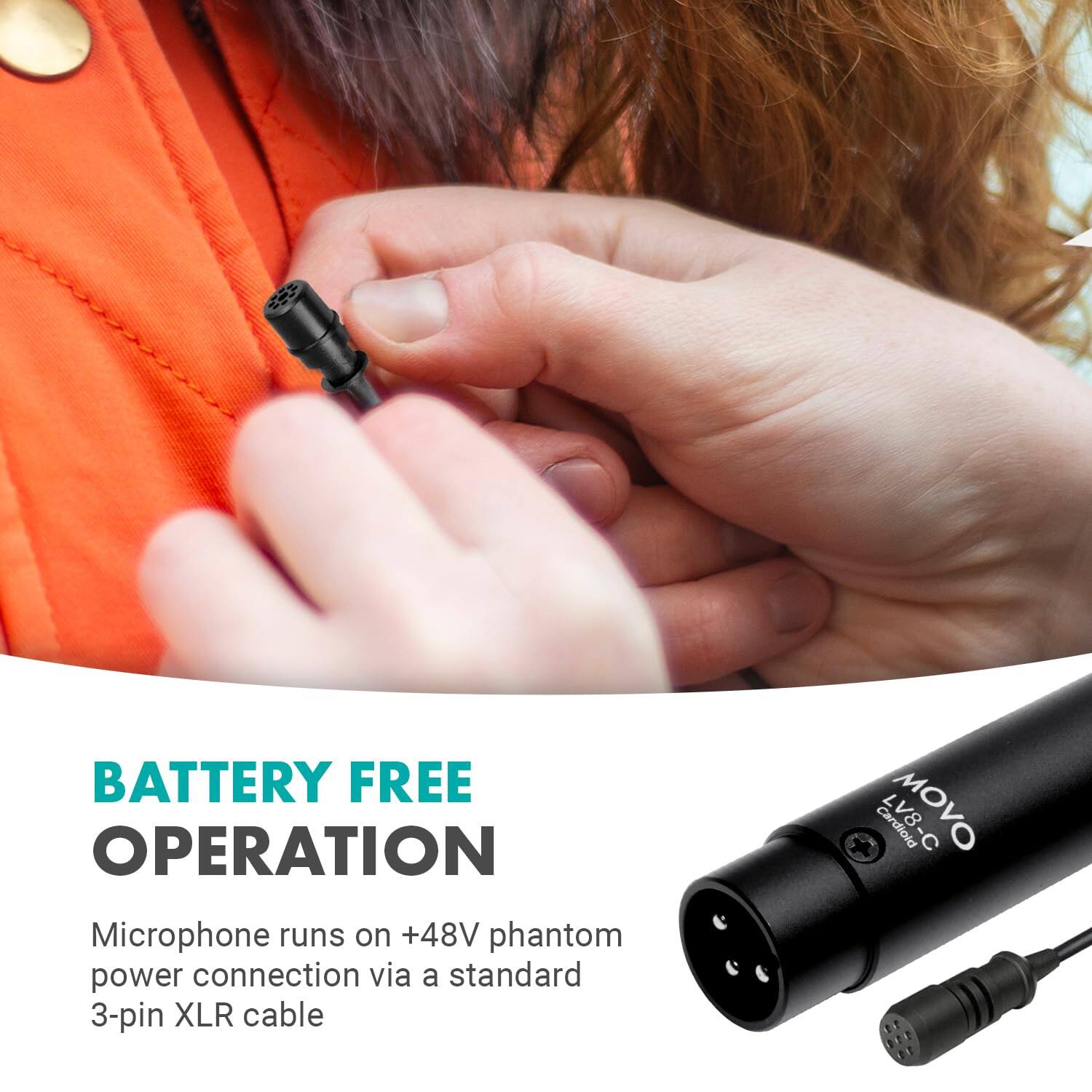 BATTERY FREE OPERATION  
Microphone runs on +48V phantom power connection via a standard 3-pin XLR cable  

Cardioid  
MOVO  
LV8-C