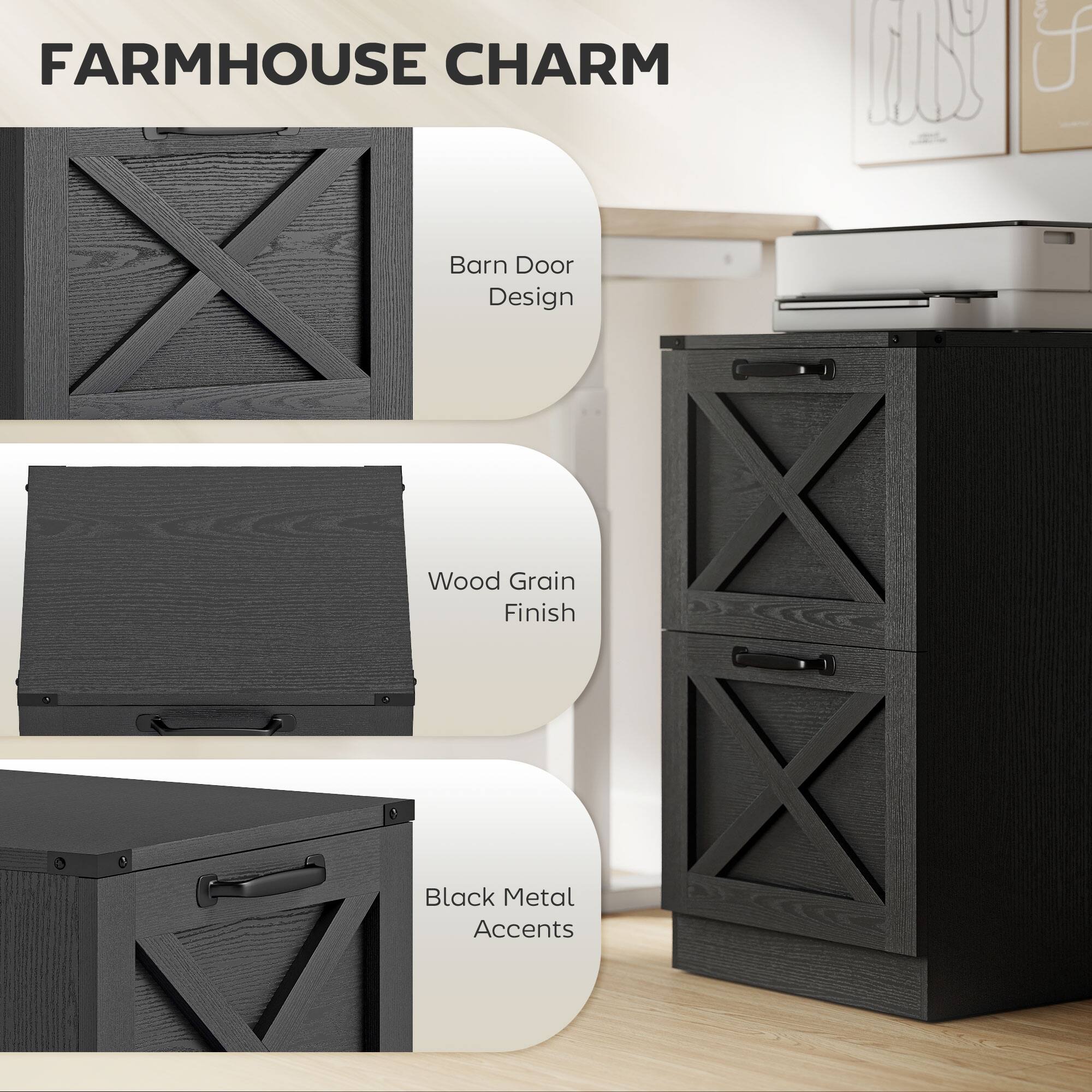 FARMHOUSE CHARM XI  
Barn Door Design  
Wood Grain Finish  
Black Metal Accents