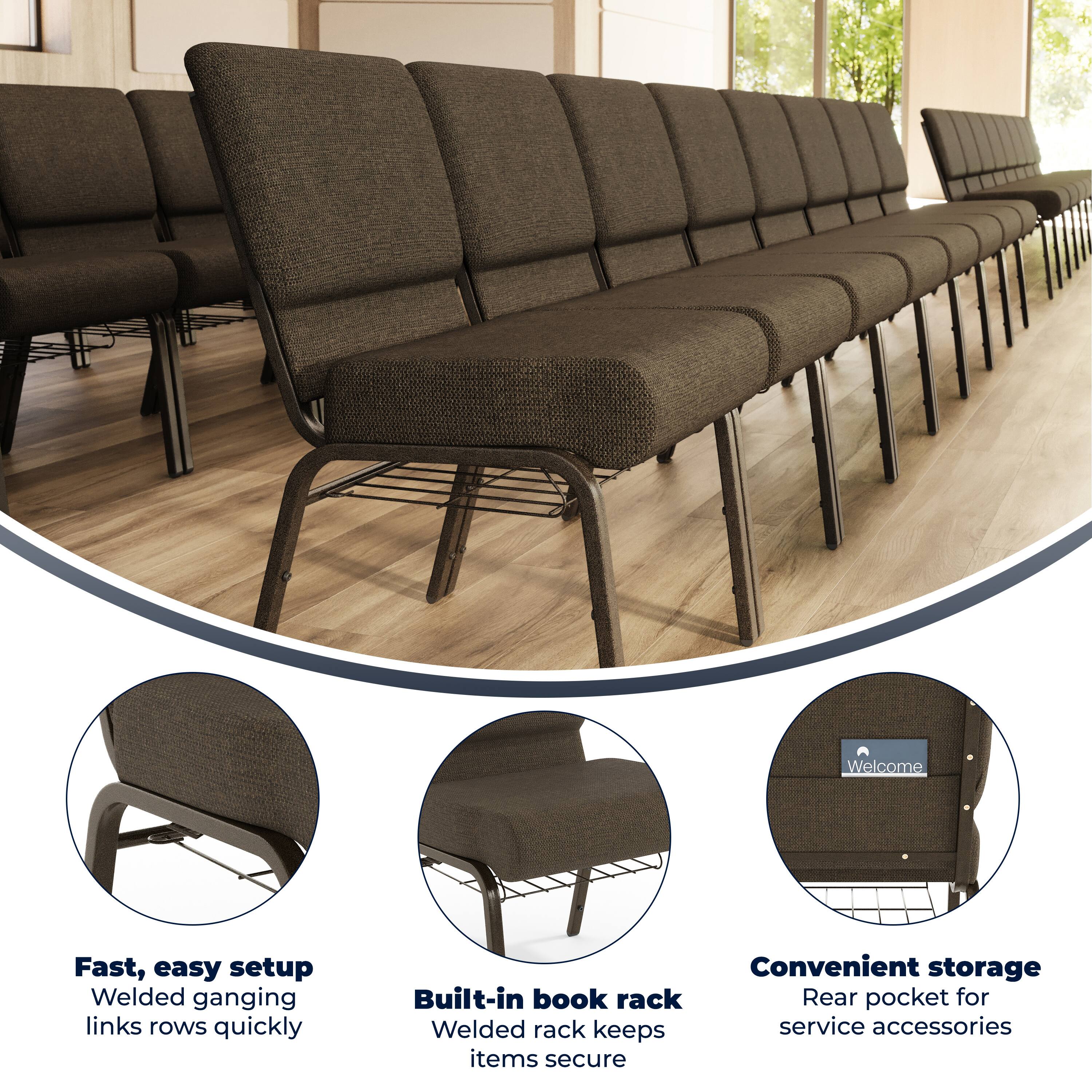 Welcome

Fast, easy setup  
Welded ganging links rows quickly

Built-in book rack  
Welded rack keeps items secure

Convenient storage  
Rear pocket for service accessories