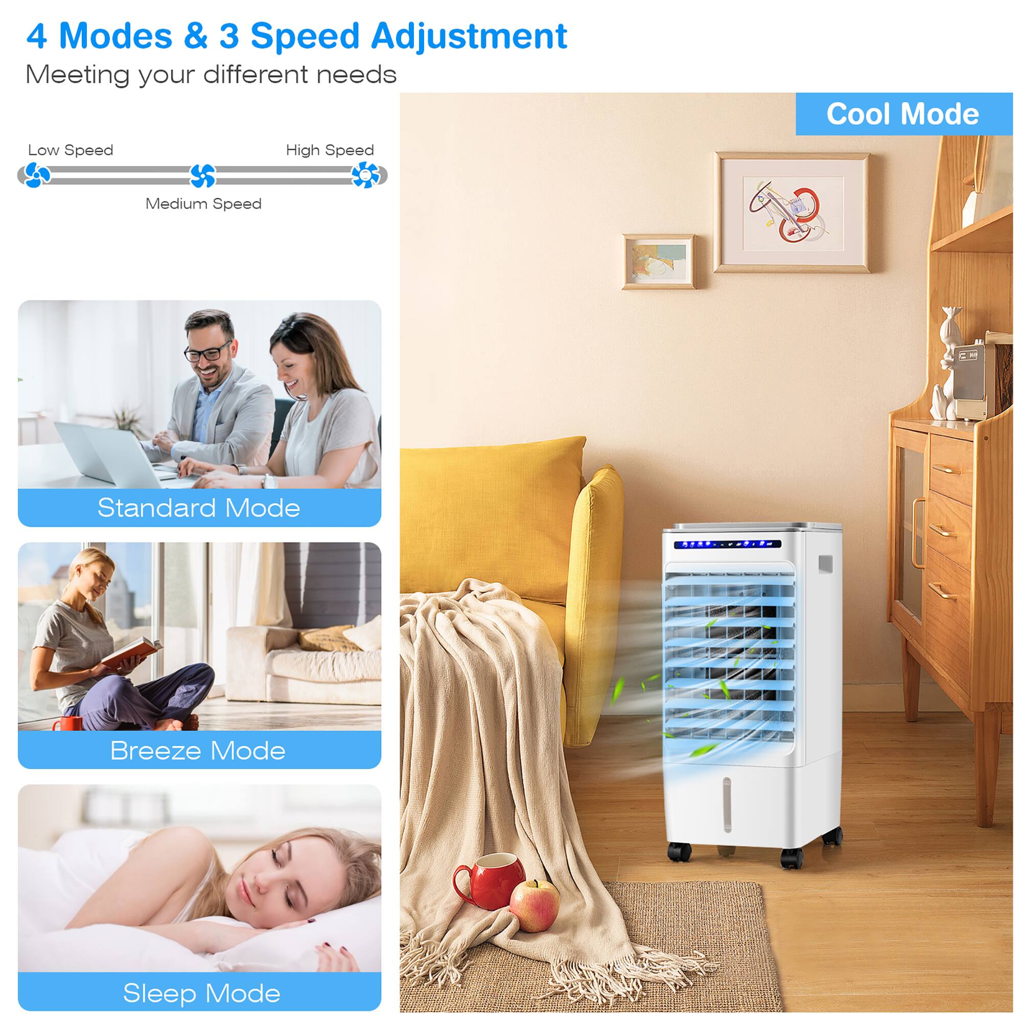 4 Modes & 3 Speed Adjustment Meeting your different needs Low Speed High Speed SS Medium Speed Cool Mode Standard Mode Breeze Mode Sleep Mode