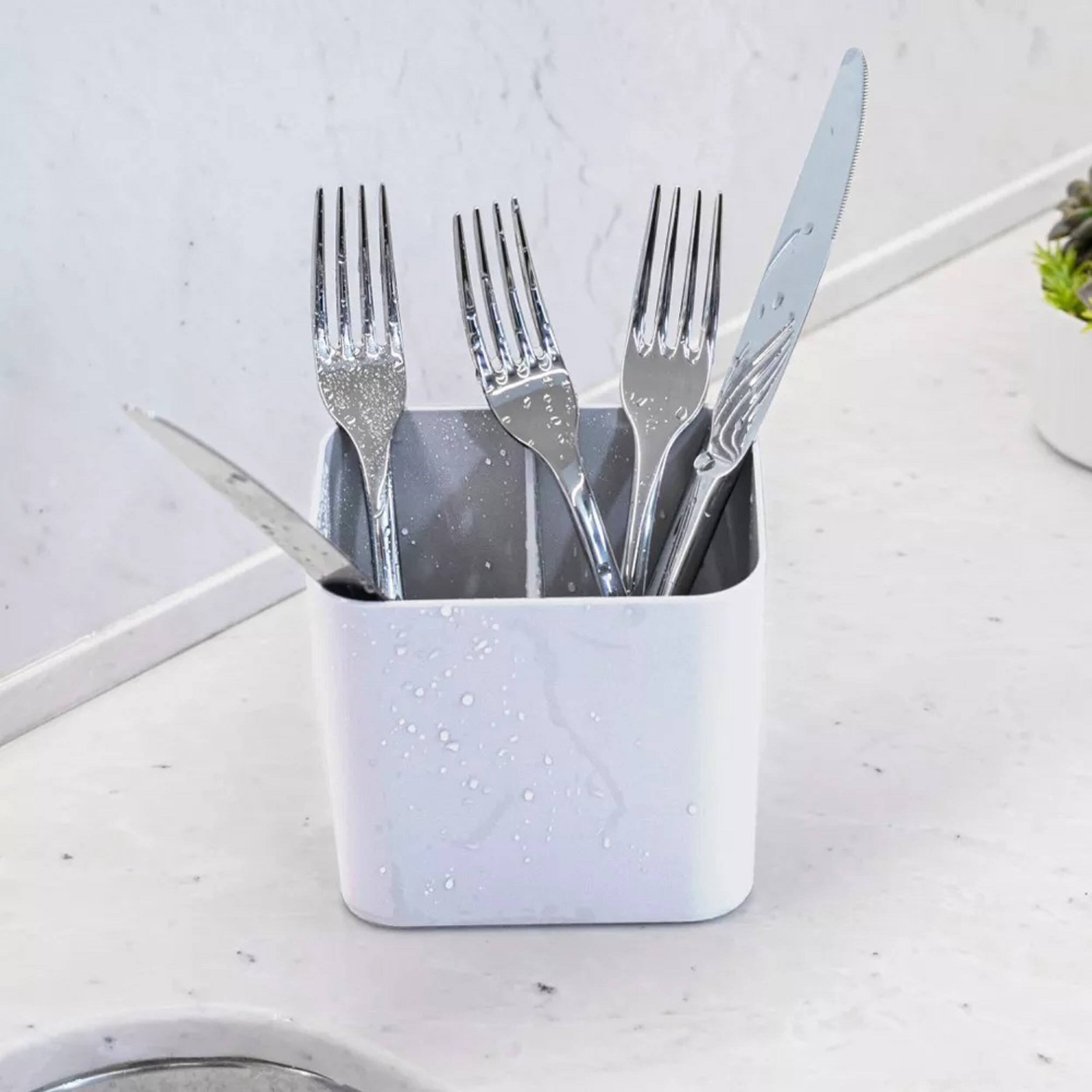 Left. OU - OU Utensil Holder with Removable Divider, Nonslip Cutlery Drainer with Built In Reservoir - White - White.