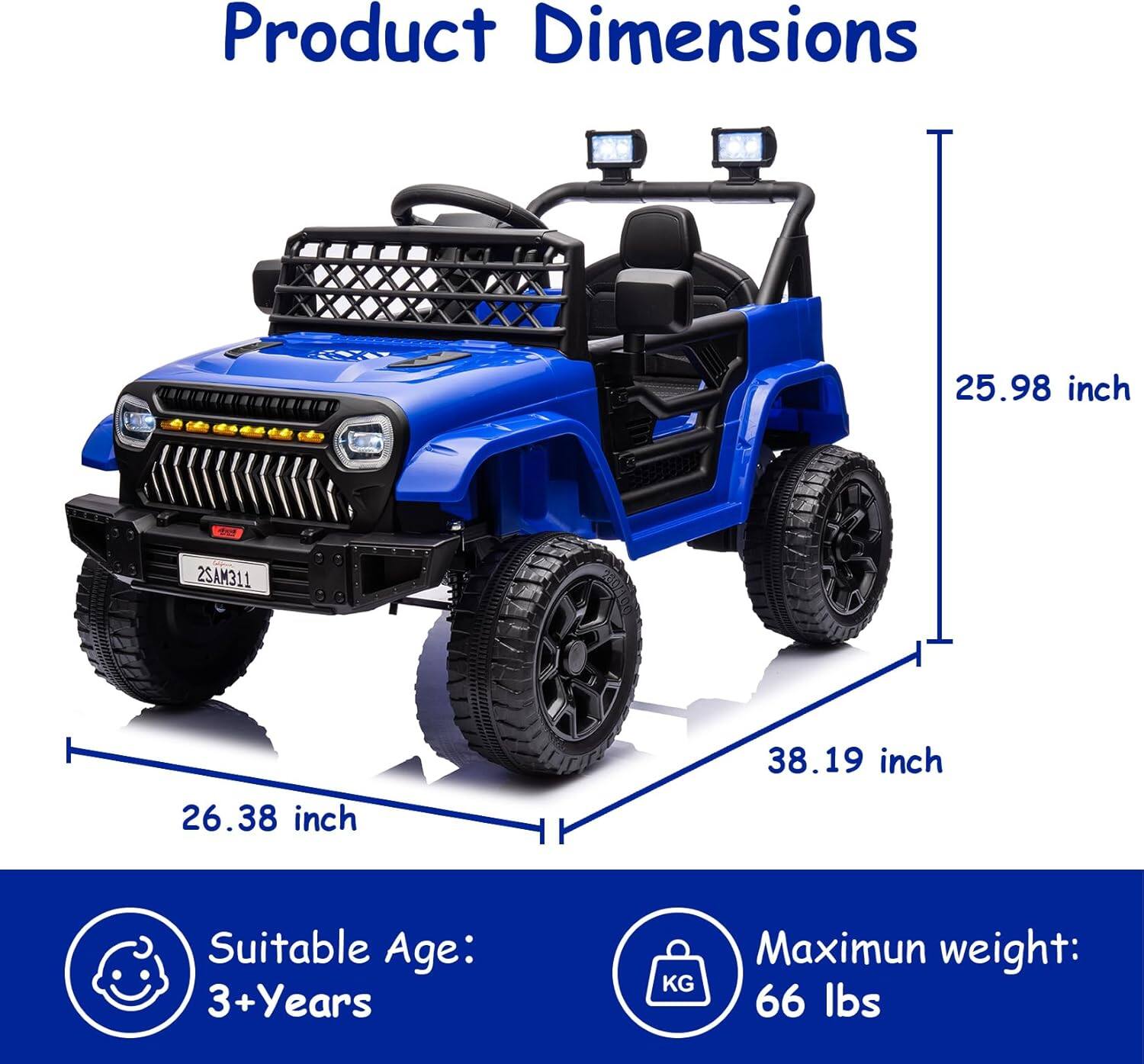 Product Dimensions  
25.98 inch  
38.19 inch  
26.38 inch  

Suitable Age: 3+ Years  
Maximum weight: 66 lbs