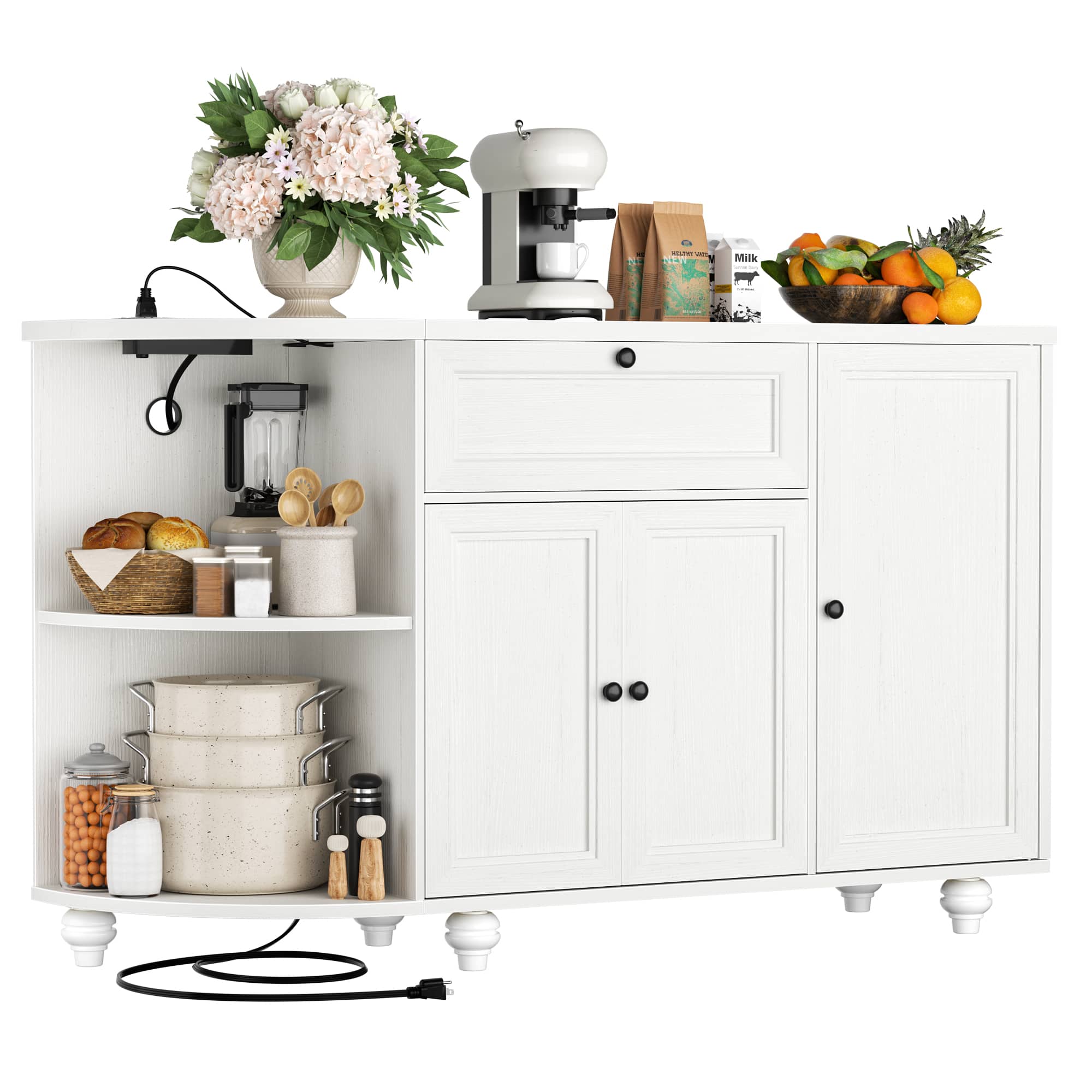 Aheaplus - 55"Wooden Sideboard Cabinet with Power Outlets, Coffee Bar, Wine Rack & Solid Wood Legs - White