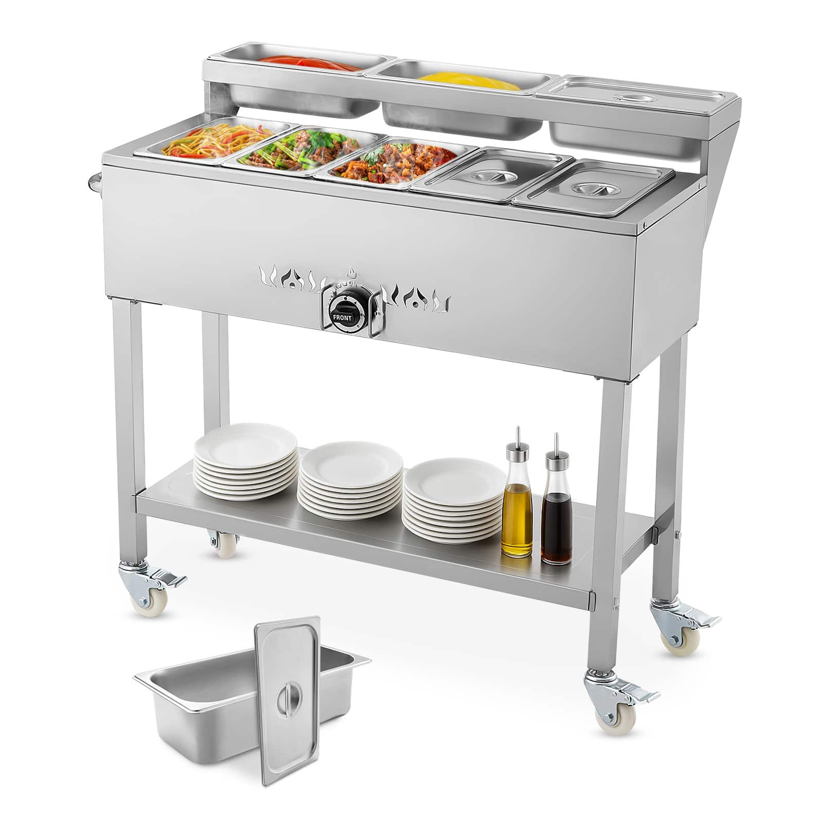 VEVOR - Commercial Propane Steam Table, 5 Food Pans & 3 Condiment Pans,LP Gas Outdoor Soup Warmer with Drain Valve and 3" Wheels - Silver