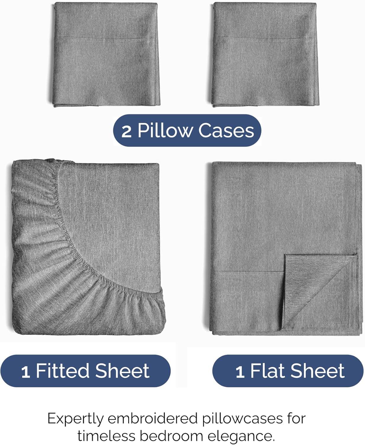 2 Pillow Cases  
1 Fitted Sheet  
1 Flat Sheet  

Expertly embroidered pillowcases for timeless bedroom elegance.