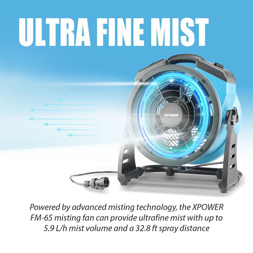 ULTRA FINE MIST

Powered by advanced misting technology, the XPOWER FM-65 misting fan can provide ultrafine mist with up to 5.9 L/h mist volume and a 32.8 ft spray distance.