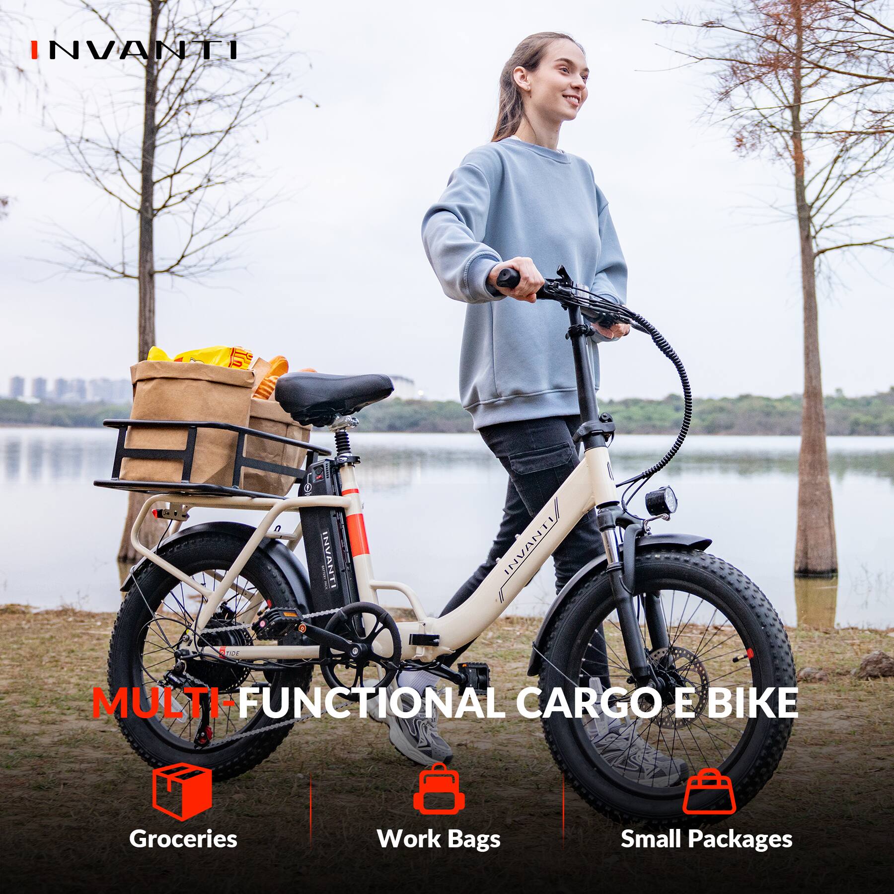 INVANTI

MULTI-FUNCTIONAL CARGO E BIKE

Groceries  
Work Bags  
Small Packages