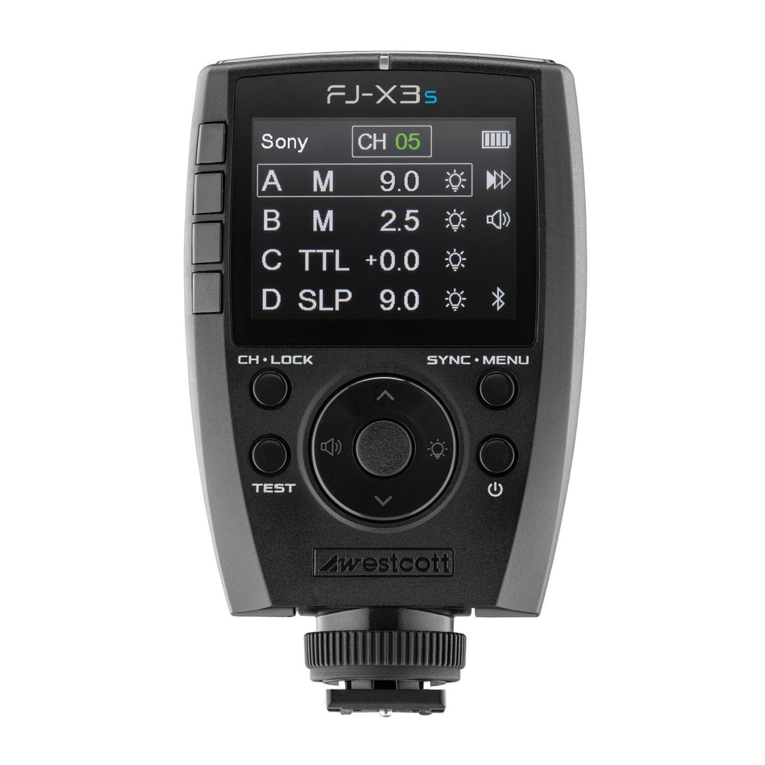 FJ-X3s  
Sony  
CH 05  
A M 9.0  
B M 2.5  
C TTL +0.0  
D SLP 9.0  
CH LOCK  
SYNC MENU  
TEST  
Awestcott