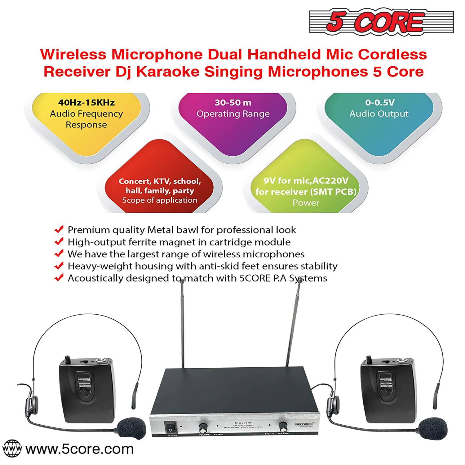 5 CORE Wireless Microphone Dual Handheld Mic Cordless Receiver Dj Karaoke Singing Microphones 5 Core

- 40Hz-15KHz Audio Frequency Response
- 30-50 m Operating Range
- 0-0.5V Audio Output
- 9V for mic, AC220V for receiver (SMT PCB) Power

Scope of application: Concert, KTV, school, hall, family, party

Features:
- Premium quality Metal bawl for professional look
- High-output ferrite magnet in cartridge module
- We have the largest range of wireless microphones
- Heavy-weight housing with anti-skid feet ensures stability
- Acoustically designed to match with 5CORE P.A Systems

www.5core.com