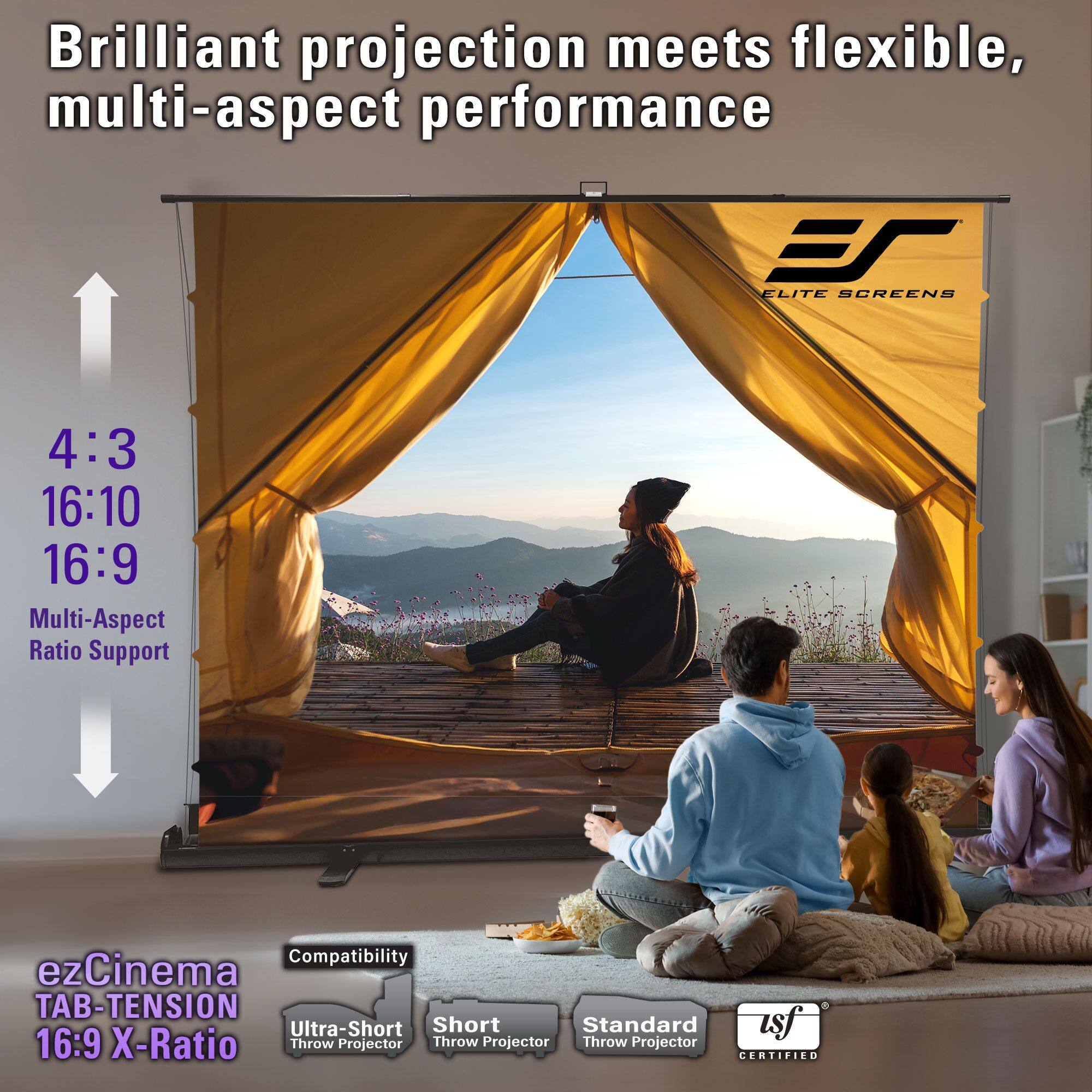 Brilliant projection meets flexible, multi-aspect performance

4:3  
16:10  
16:9  
Multi-Aspect Ratio Support

ezCinema TAB-TENSION 16:9 X-Ratio

Compatibility  
Ultra-Short Throw Projector  
Short Throw Projector  
Standard Throw Projector

Certified