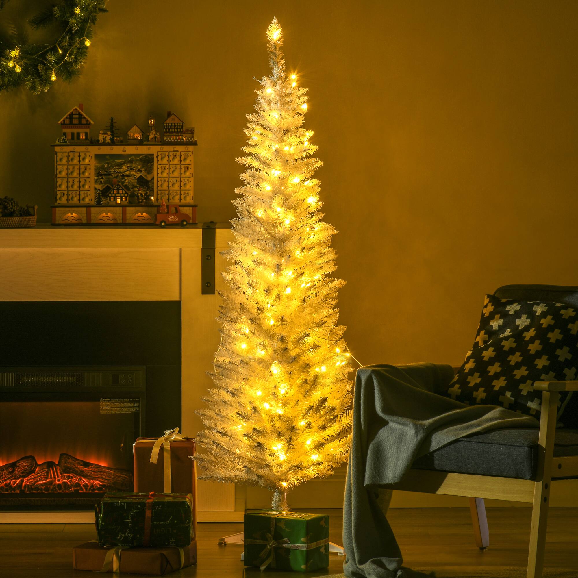 Alt View 1. Homcom - Pre-Lit Slim Noble Fir Artificial Pencil Christmas Tree, 110 Warm White LEDs, 294 Tips - white.
