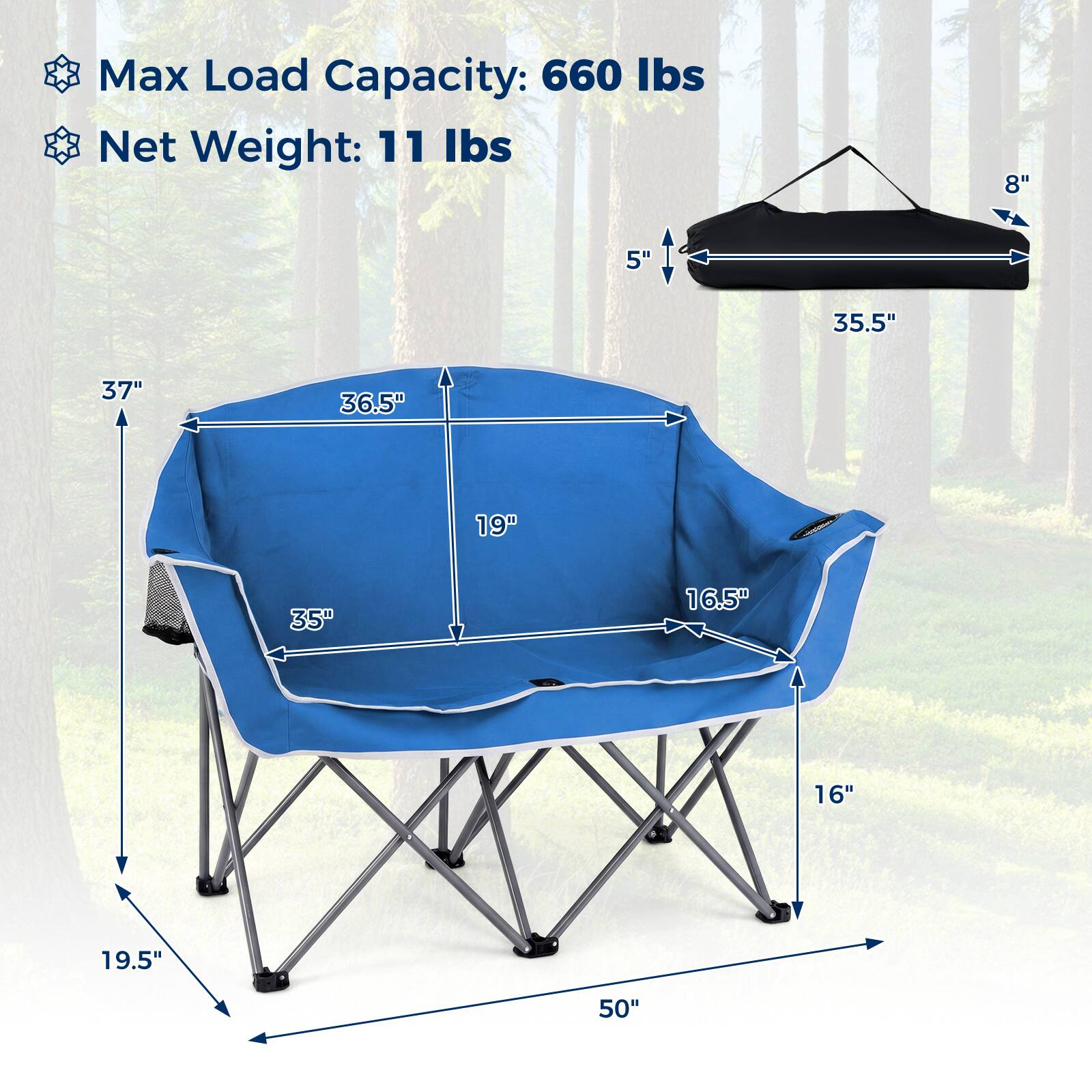 Max Load Capacity: 660 lbs  
Net Weight: 11 lbs  

8"  
5"  
35.5"  
37"  
36.5"  
19"  
35"  
16.5"  
16"  
19.5"  
50"