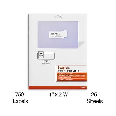 Staples  
White Address Labels  
750 Labels  
1" x 2 5/8"  
25 Sheets  

30 1x2%