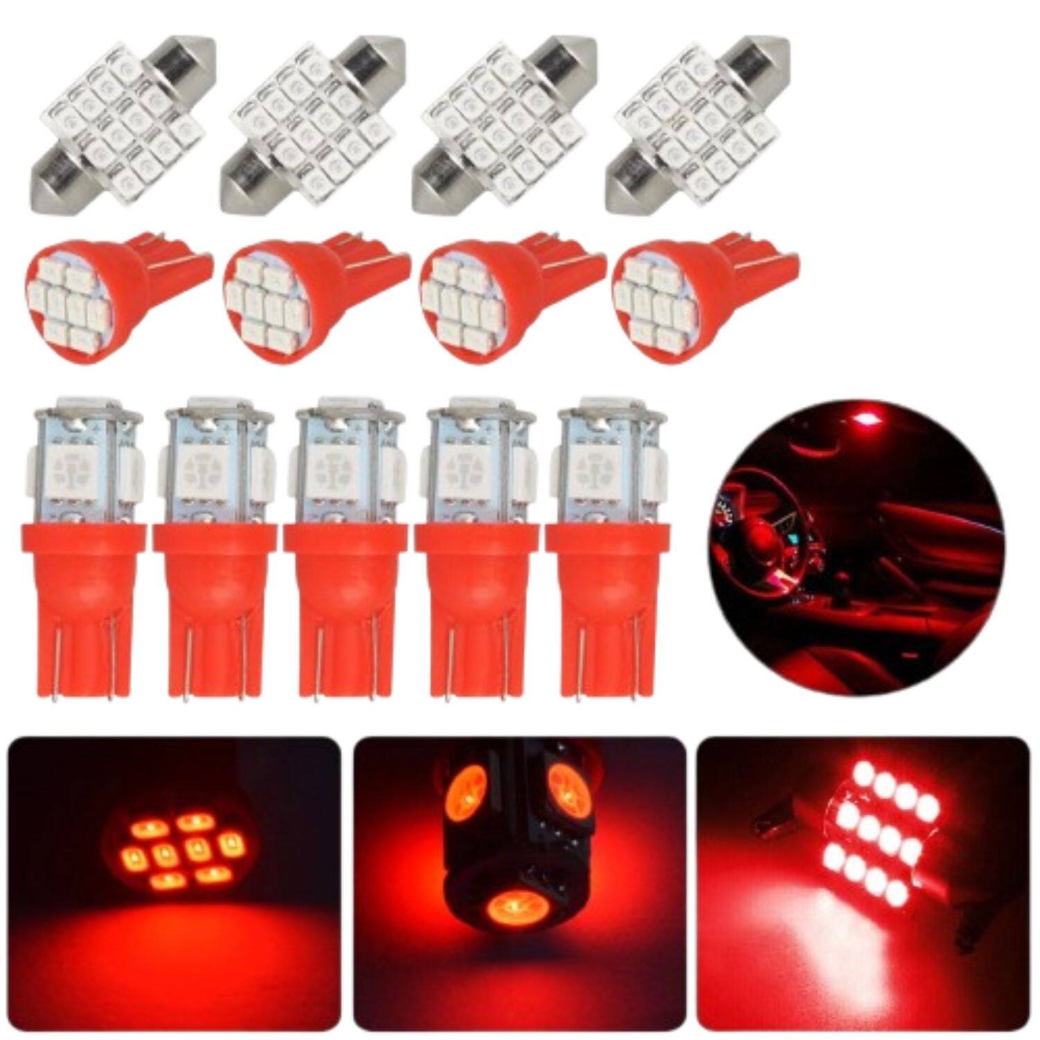 Alt View 6. Home Collection - 13× Red Car Interior LED Bulb Kit – T10 Map, Dome, Door, Trunk & License Plate Lights.