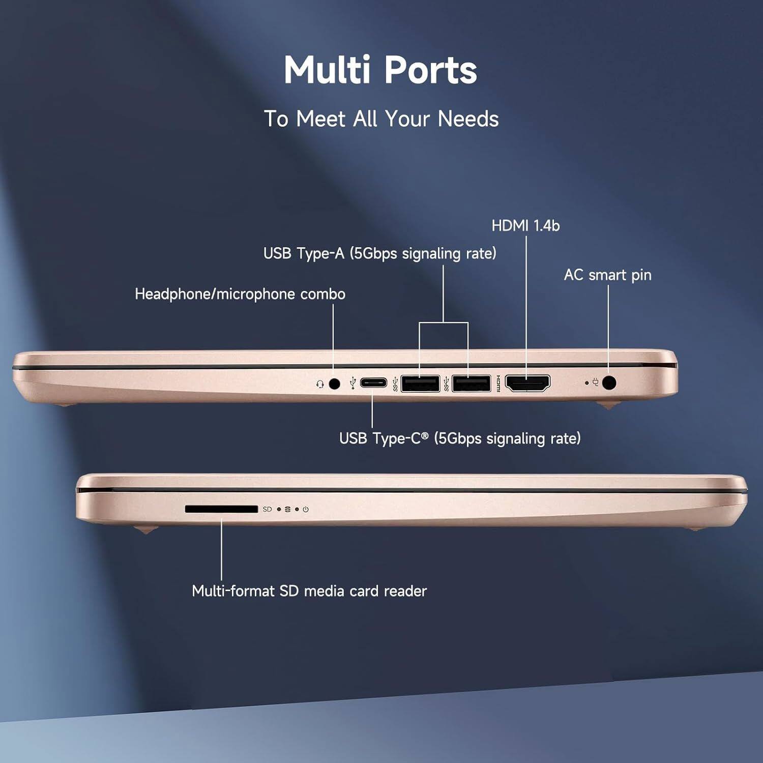 Multi Ports To Meet All Your Needs  
- HDMI 1.4b  
- USB Type-A (5Gbps signaling rate)  
- AC smart pin  
- Headphone/microphone combo  
- USB Type-C (5Gbps signaling rate)  
- Multi-format SD media card reader