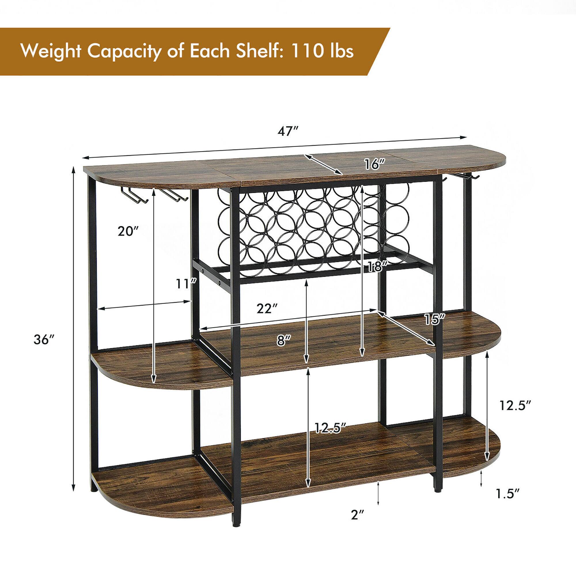 Weight Capacity of Each Shelf: 110 lbs

47" x 16" x 20"  
118" x 36" x 22"  
15" x 12.5" x 12.5"  
2" x 1.5"