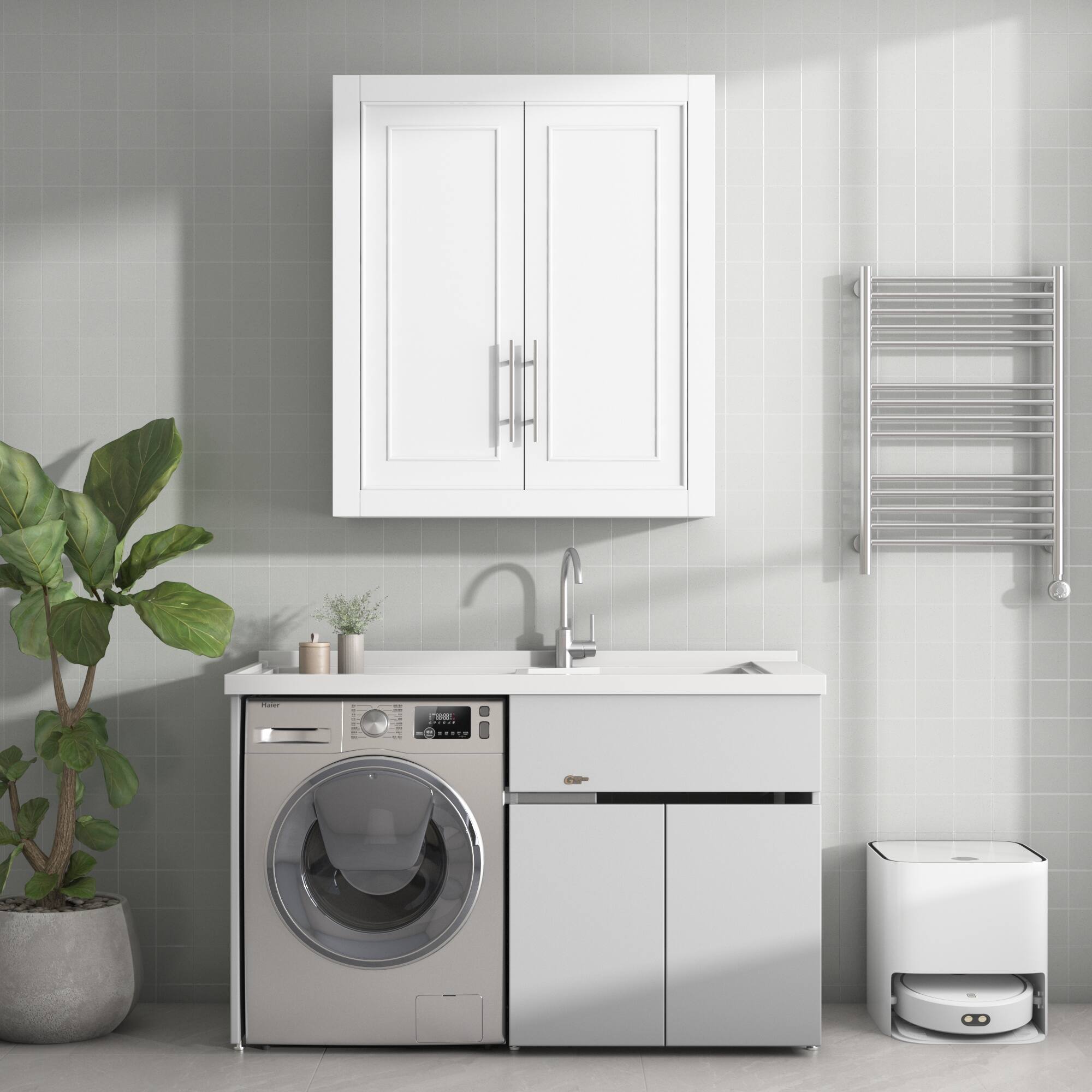 Front. PexFix - 22 in. W x 8 in. D x 26 in. H Wall-Mounted Storage Cabinet with Doors and 2 Adjustable Shelves for Bathroom, Kitchen - White.