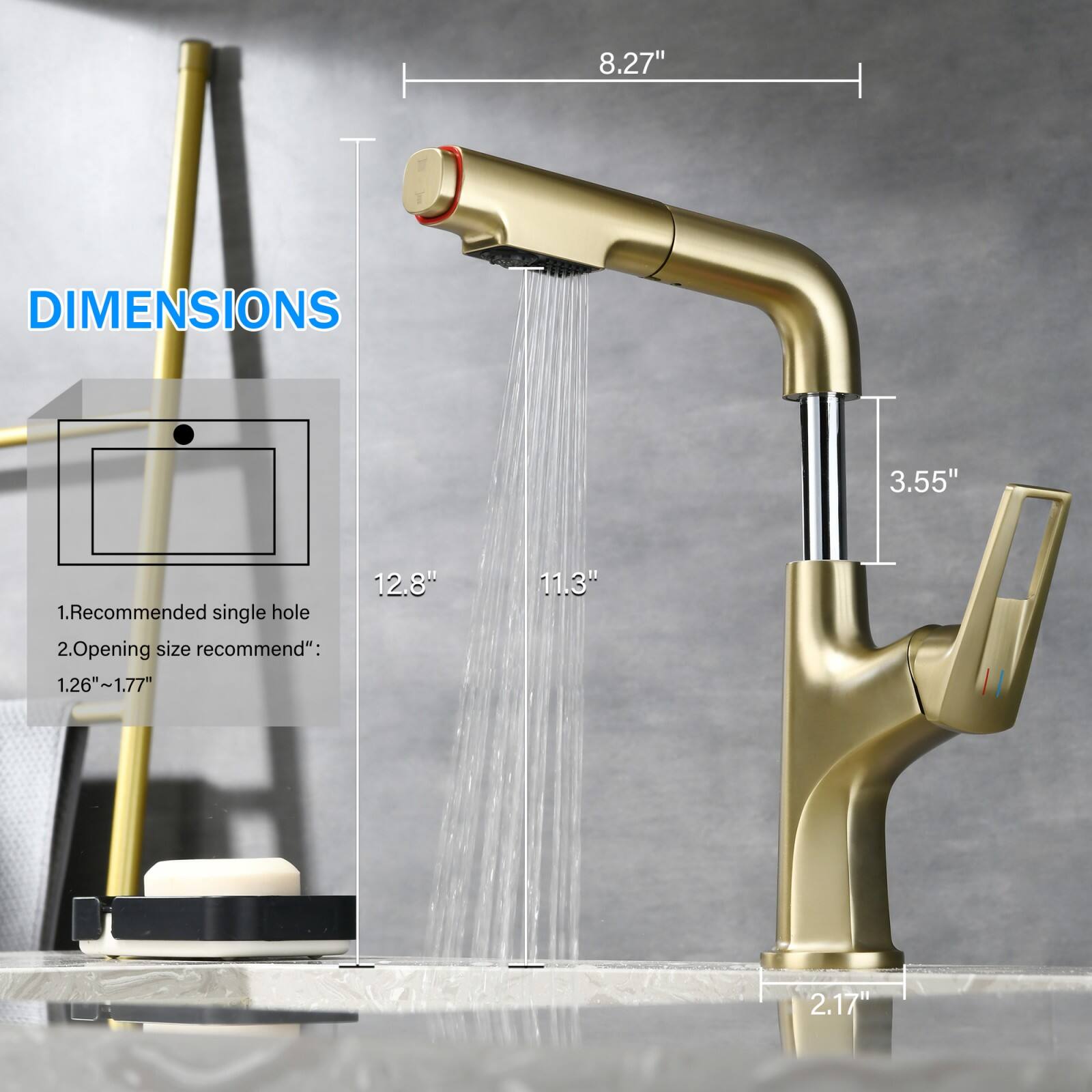 DIMENSIONS

1. Recommended single hole
2. Opening size recommend": 1.26"~1.77"

- 8.27"
- 12.8"
- 11.3"
- 3.55"
- 2.17"