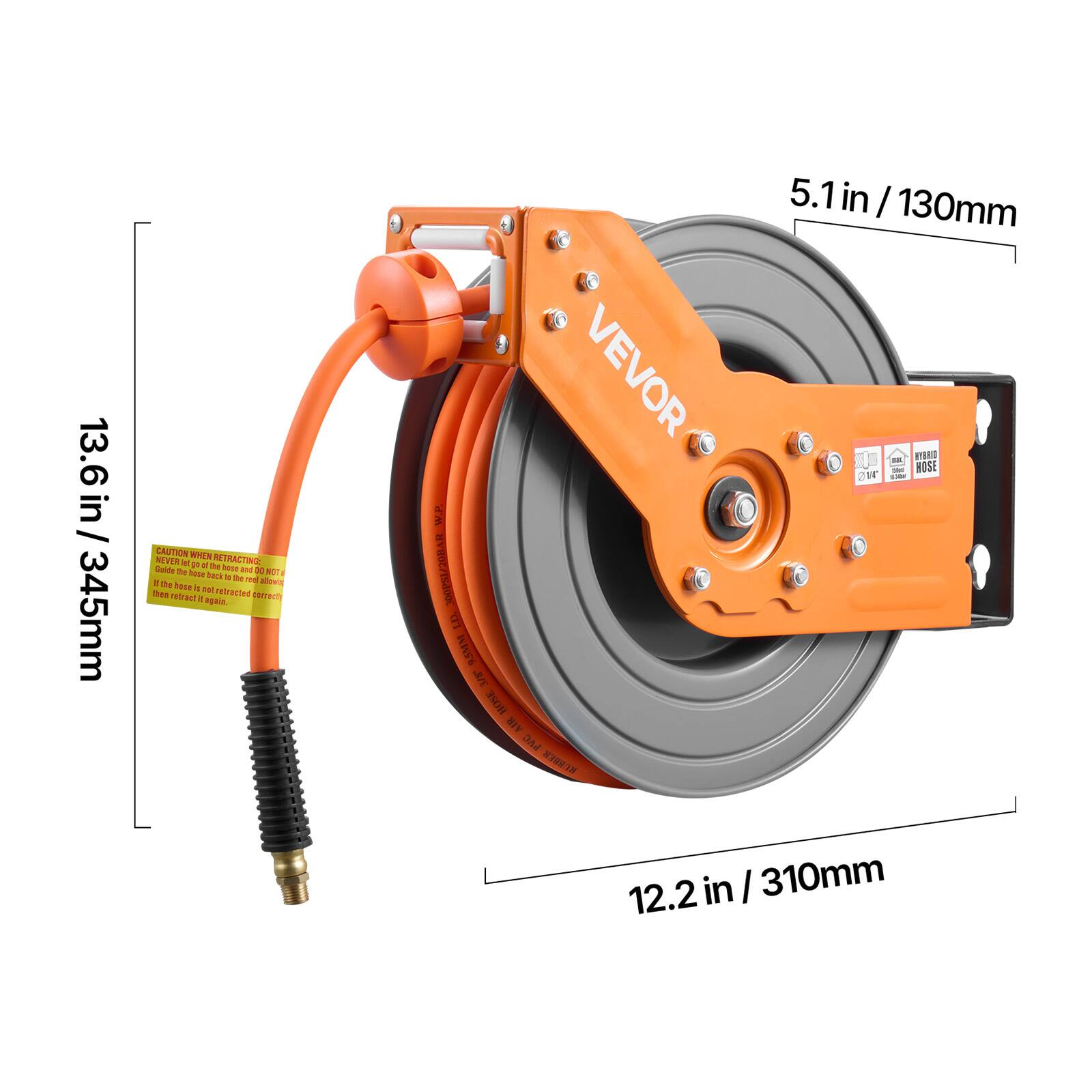 13.6 in / 345mm  
CAUTION BS N ViE - an - VINALINE m Sulds m sese ane the - 30 S - ...  
- . the base alown met - meinaul meirazes coTeU ai a egais VEVOR WP NYRGE/POC E 95MM 3n 1OSE AIK A A  
5.1 in / 130mm  
J - IRND - ROSE :  
- 12.2 in / 310mm