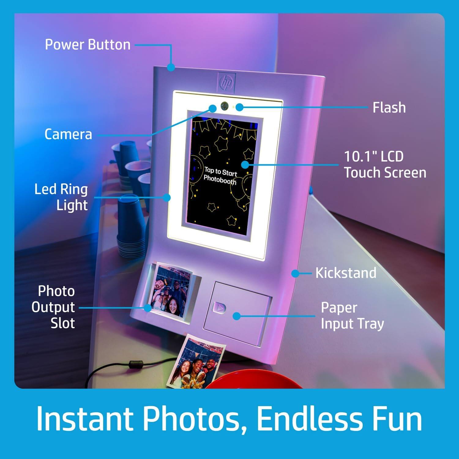 Power Button, Flash, Camera, Led Ring Light, Tap to Start Photobooth, 10.1" LCD Touch Screen, Photo Output Slot, Kickstand, Paper Input Tray, Instant Photos, Endless Fun