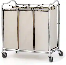 Oumilen - 3-Section Rolling Laundry Sorter Cart – Chrome Frame with 3 Removable Fabric Bags - Beige