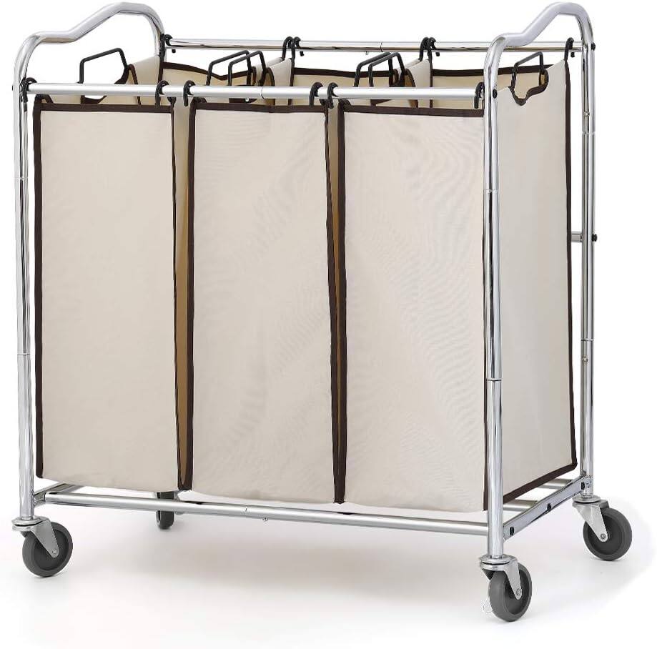 Front. Oumilen - 3-Section Rolling Laundry Sorter Cart – Chrome Frame with 3 Removable Beige Fabric Bags - Beige.