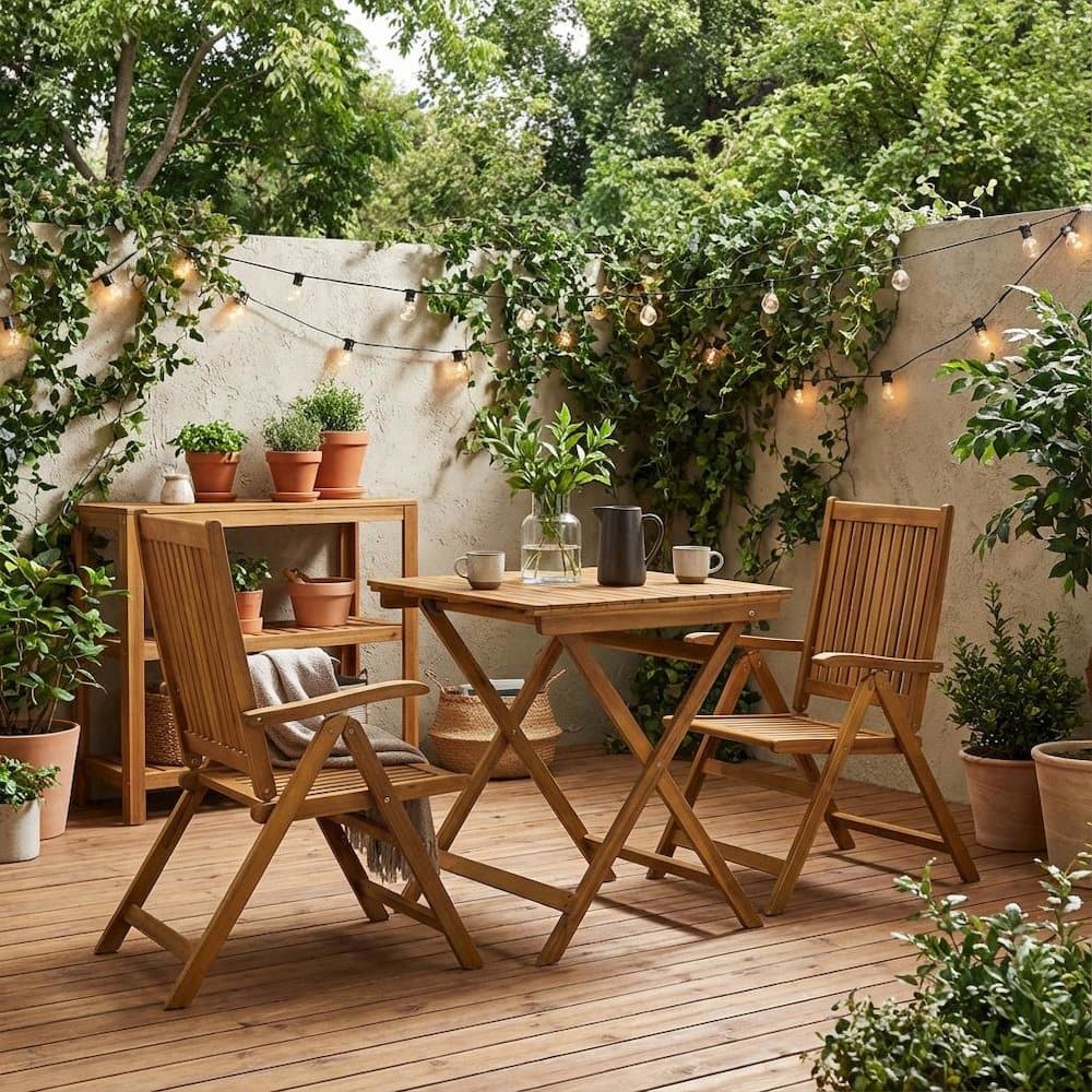 Outdoor Escape - 3-Pc Oil-Finish Wood Patio Dining Set with Folding Table and 2 Camping Chairs - Natural Oil