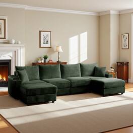 Meqiodas - Corduroy L-Shaped Sectional Sofa with Ottoman, Comfy Cloud Couch with Charger, Cup Holders & Armrest Storage - Green(4+2)