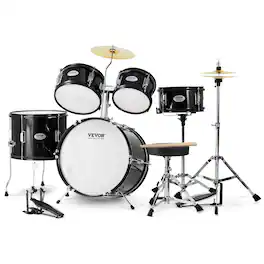 VEVOR - Kids Drum Set, 5-Piece, 16 in Beginner Full Drum Set with Bass Toms Snare Floor Drum Adjustable Throne Cymbal Hi-Hat - Black
