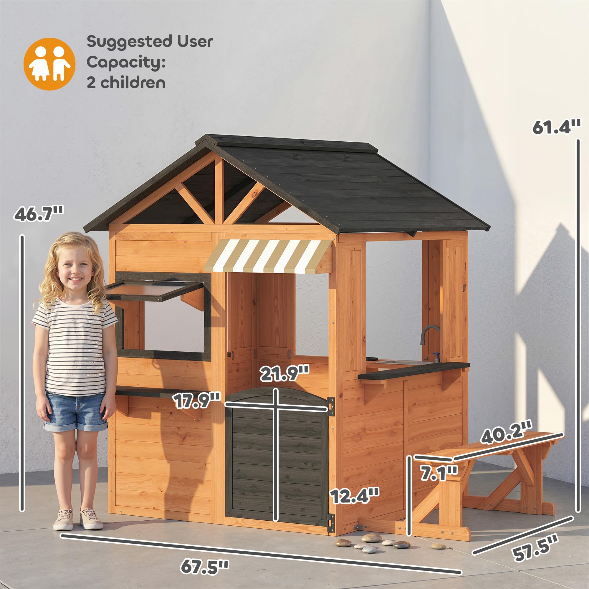 Qaba Kids Playhouse with Play Kitchen, Picnic Bench, Serving